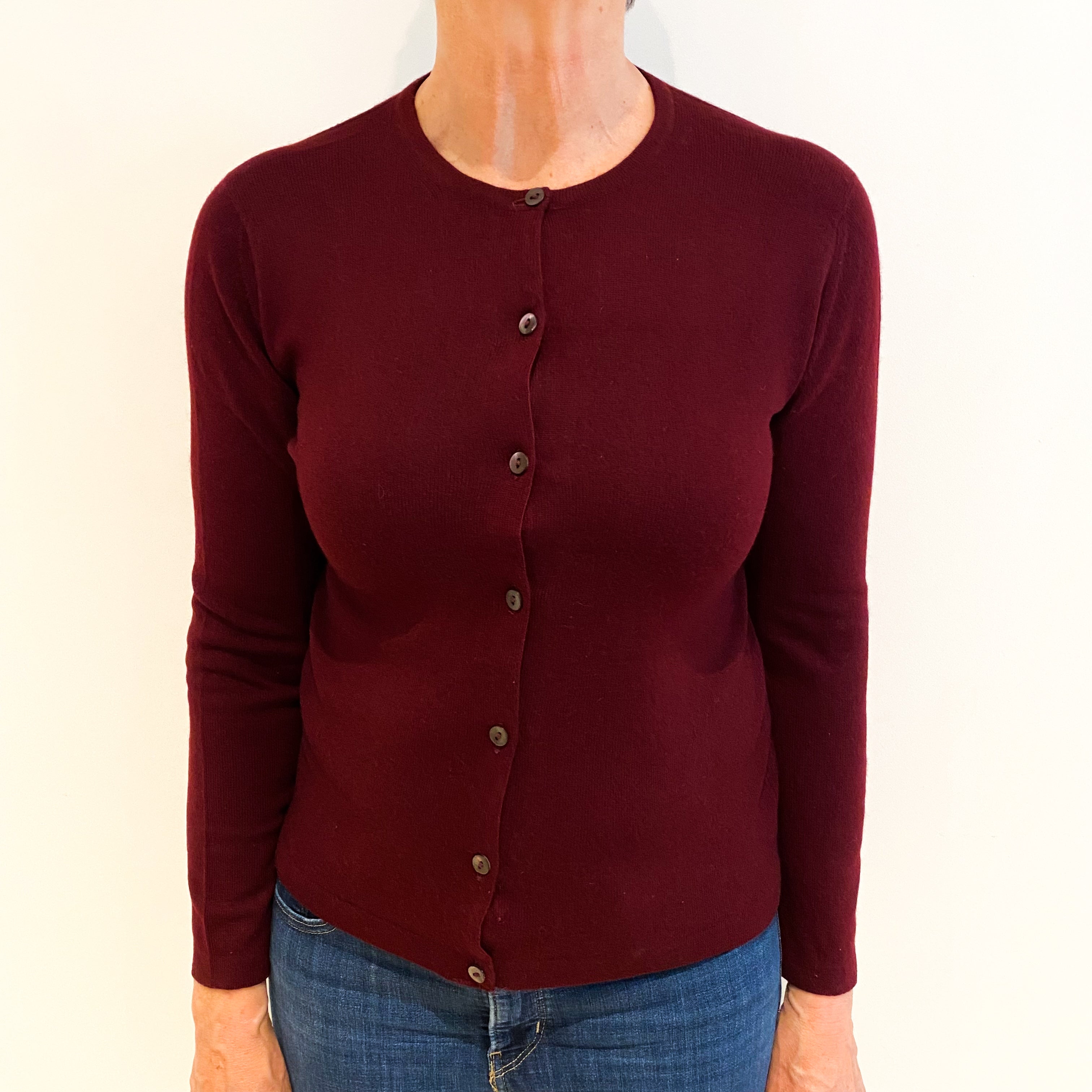 Scottish Johnstons Wine Red Cashmere Crew Neck Cardigan Medium