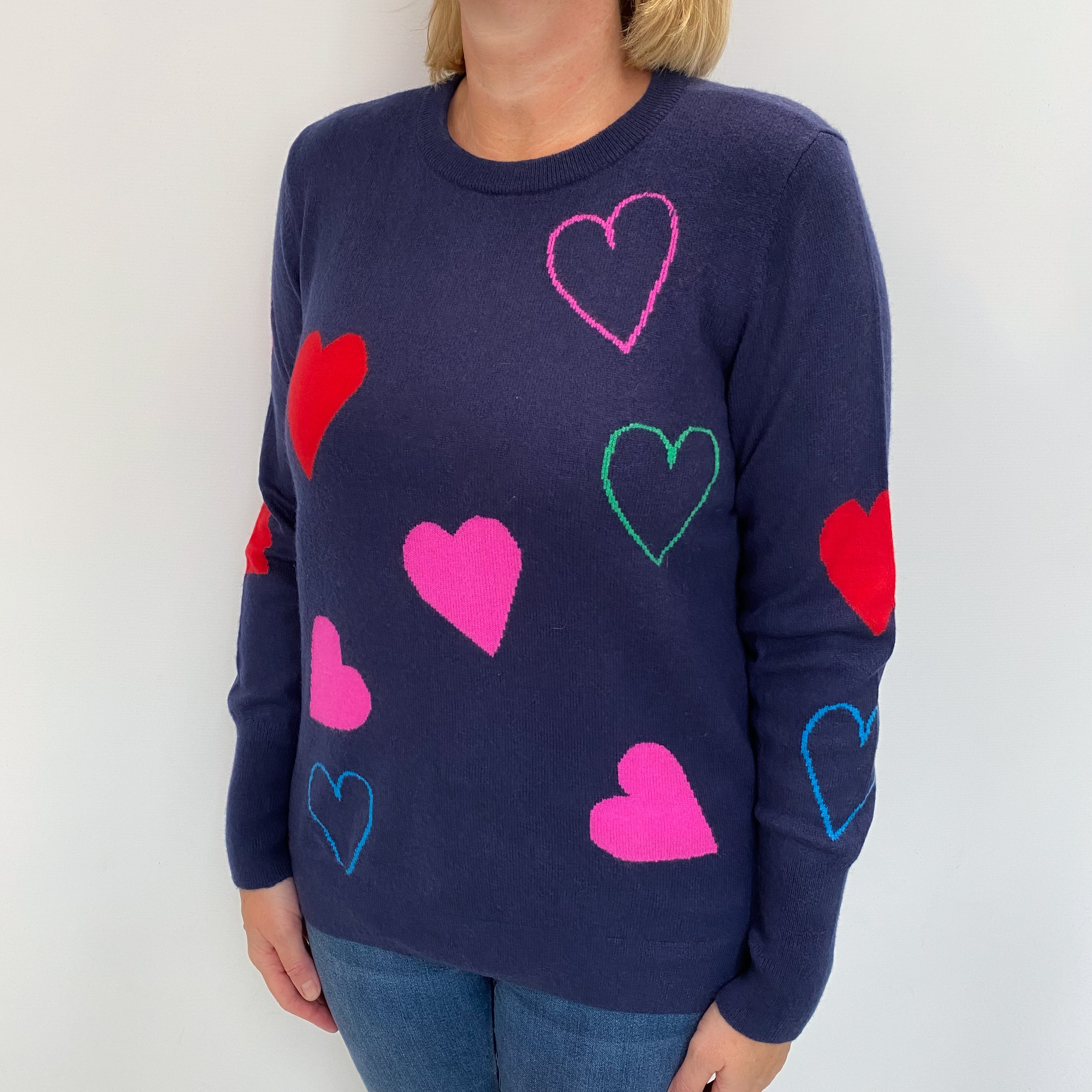 Navy Heart Design Cashmere Crew Neck Jumper Large