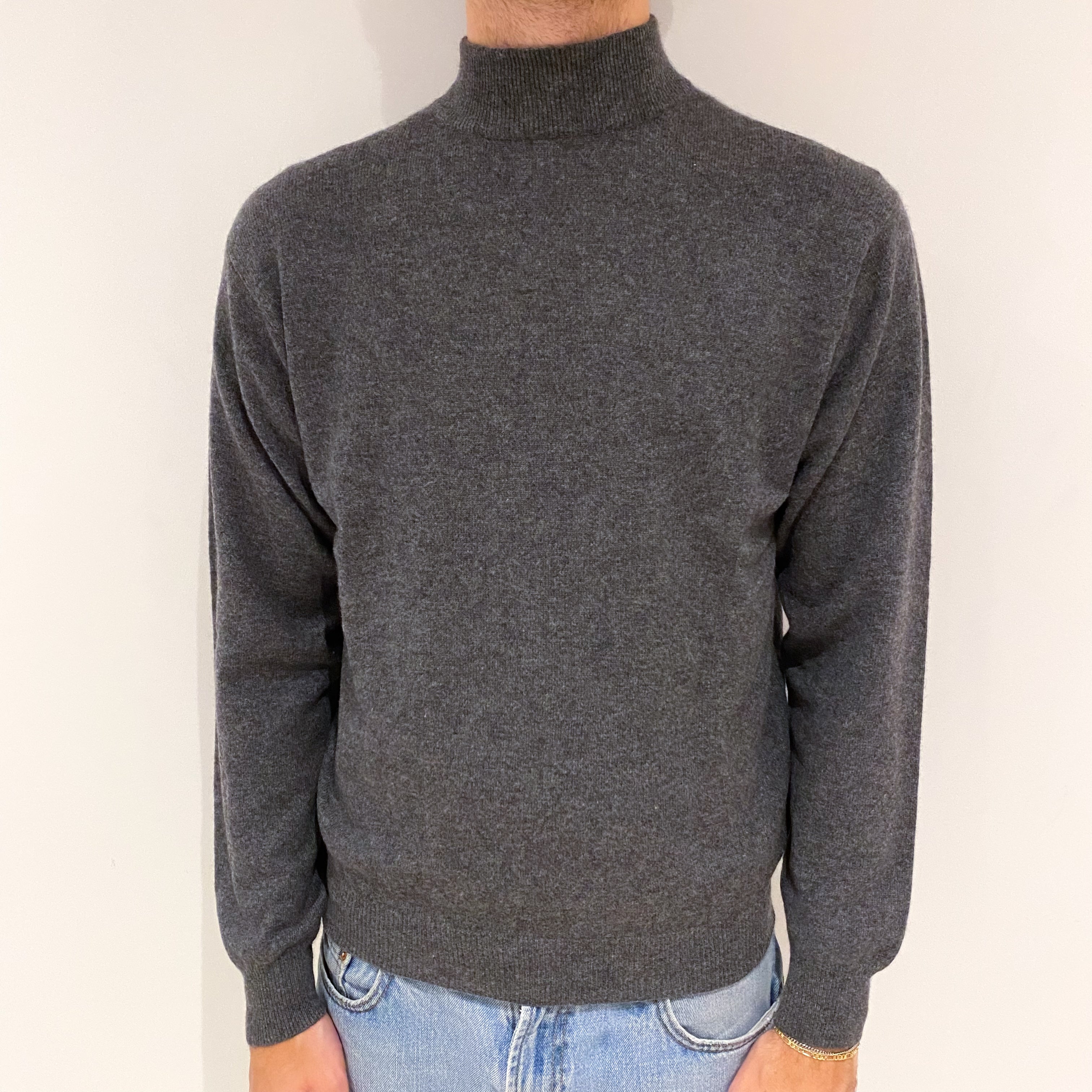 Men's Slate Grey Cashmere Turtle Neck Jumper Large