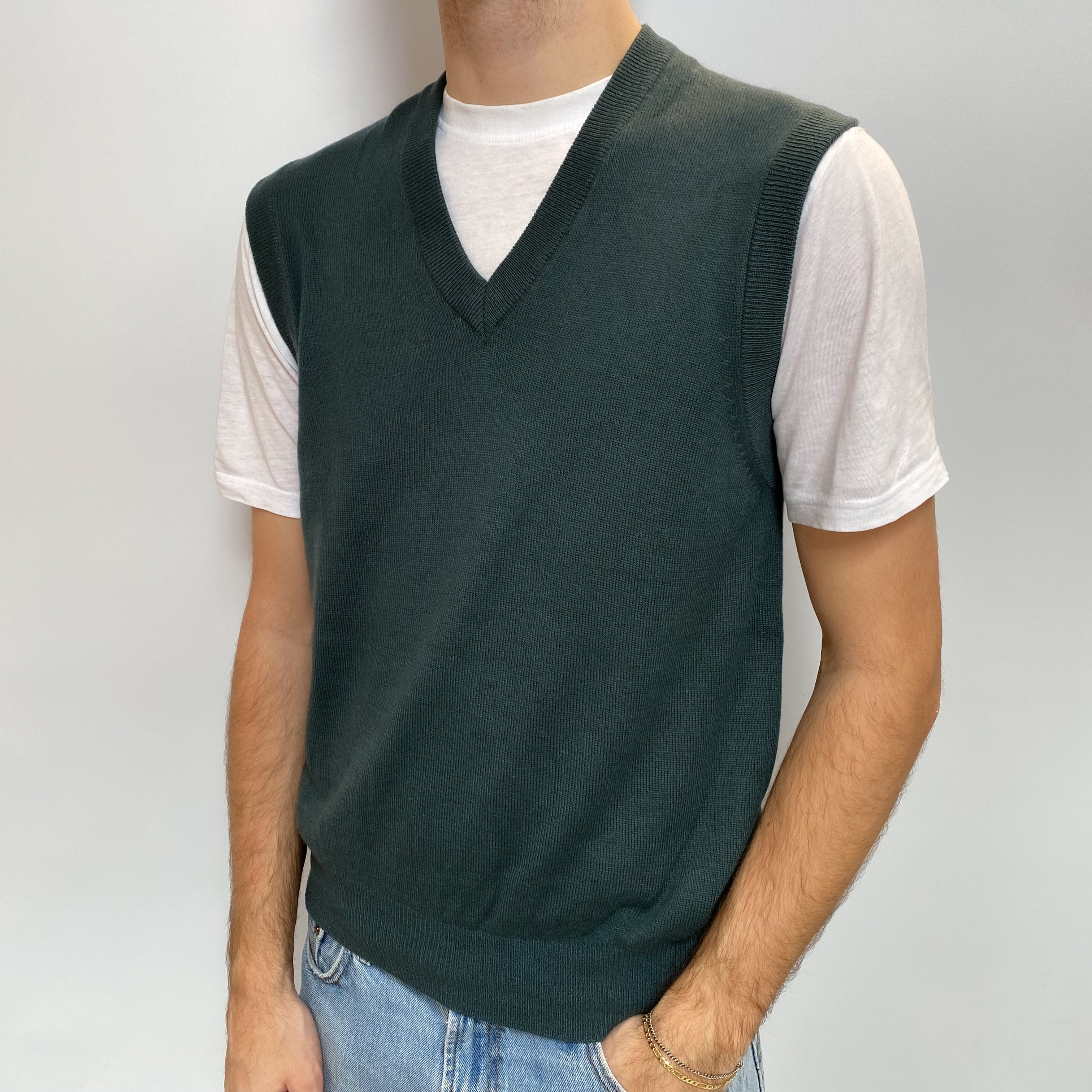 Men's Dusky Green Cashmere V Neck Tank Top Medium