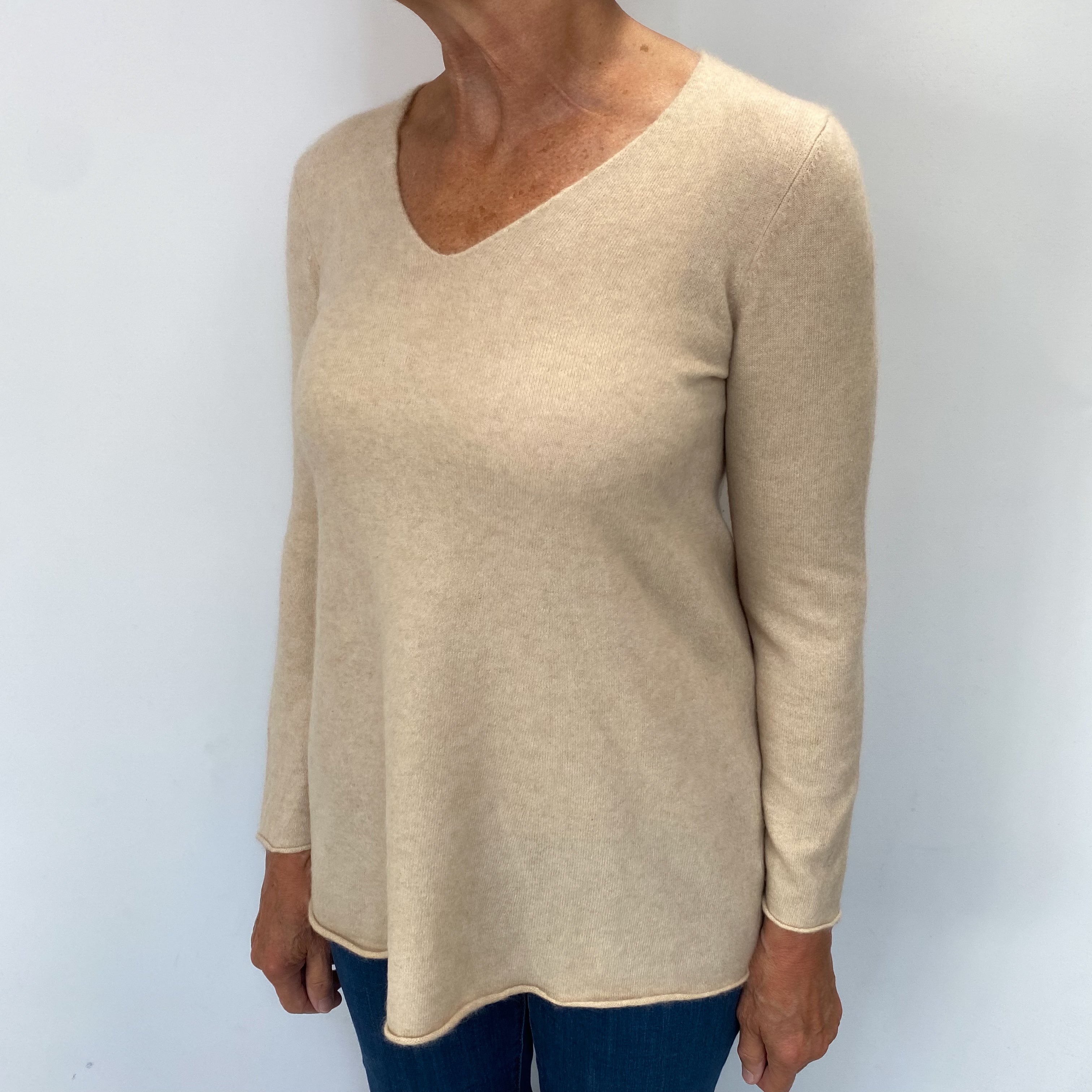 Honey Beige Cashmere V Neck Jumper Medium
