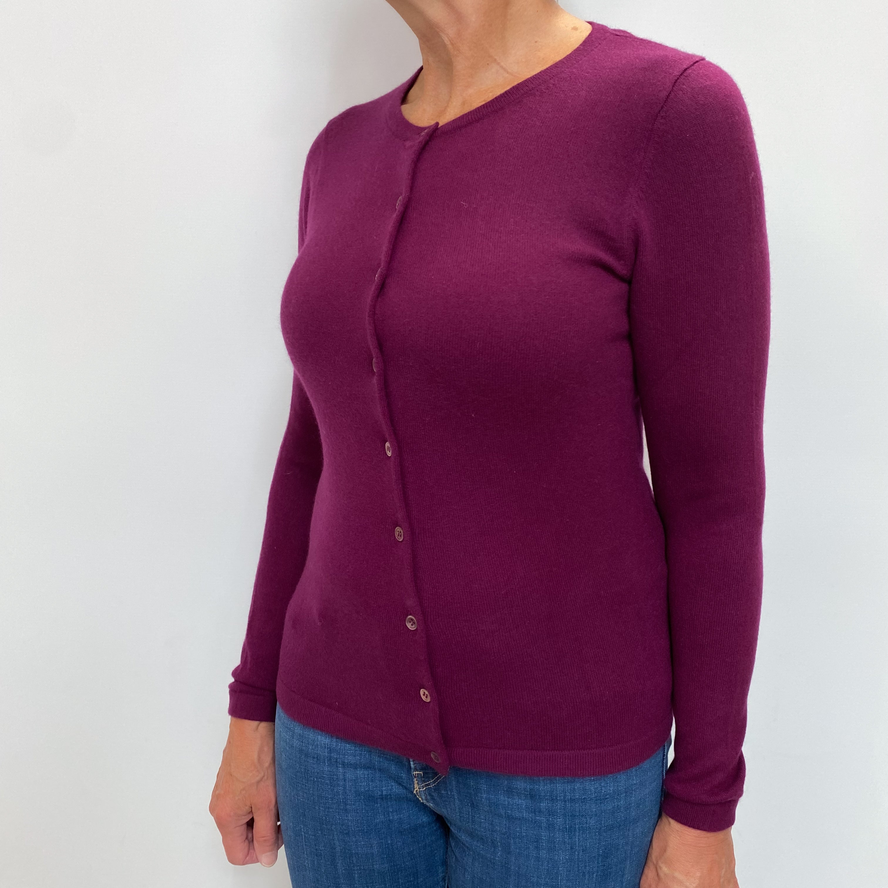 Aubergine Purple Cashmere Crew Neck Cardigan Medium