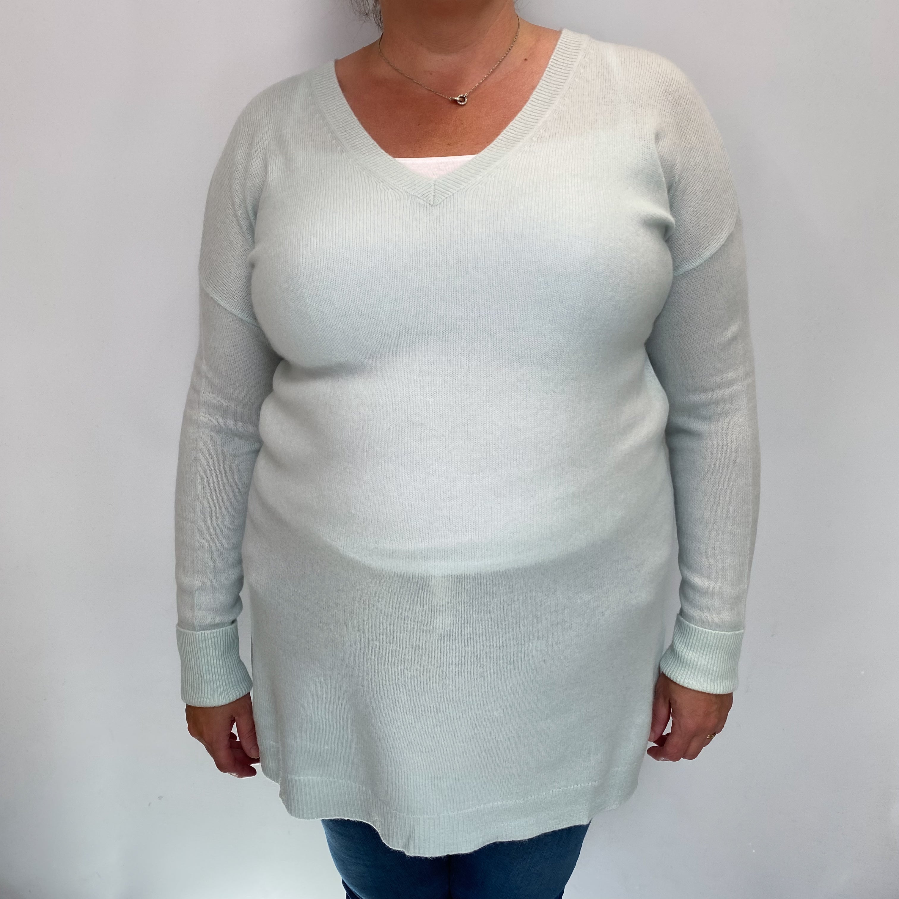 Mint Blue Cashmere V Neck Jumper Extra Large