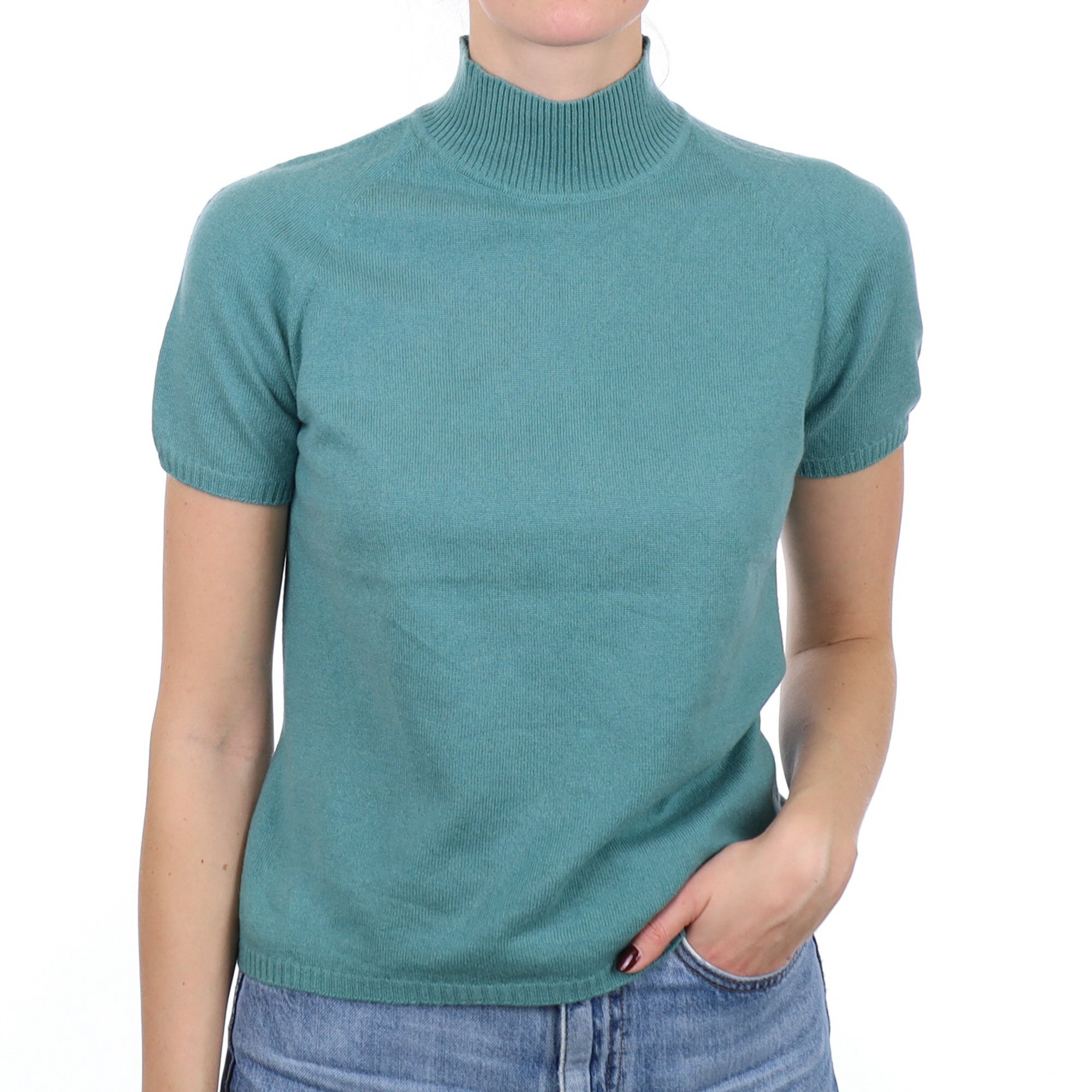Sea Green Cashmere Short Sleeve Turtle Neck Jumper Small