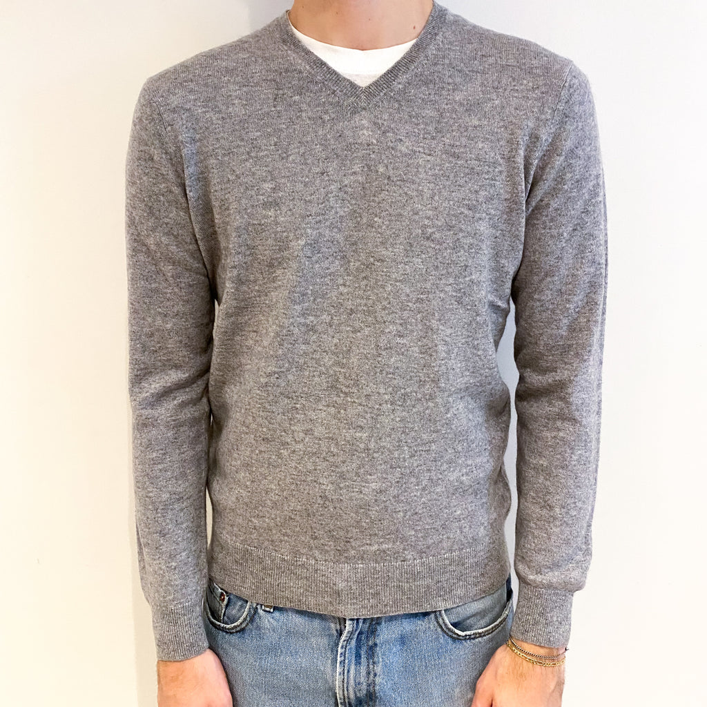 Men's Smoke Grey Cashmere V Neck Jumper Medium