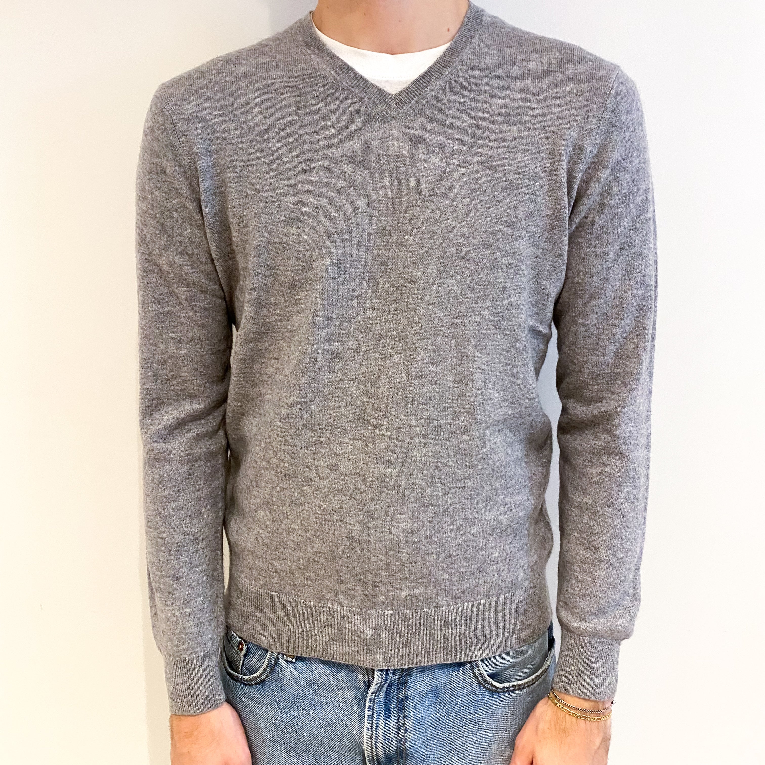Men's Smoke Grey Cashmere V Neck Jumper Medium