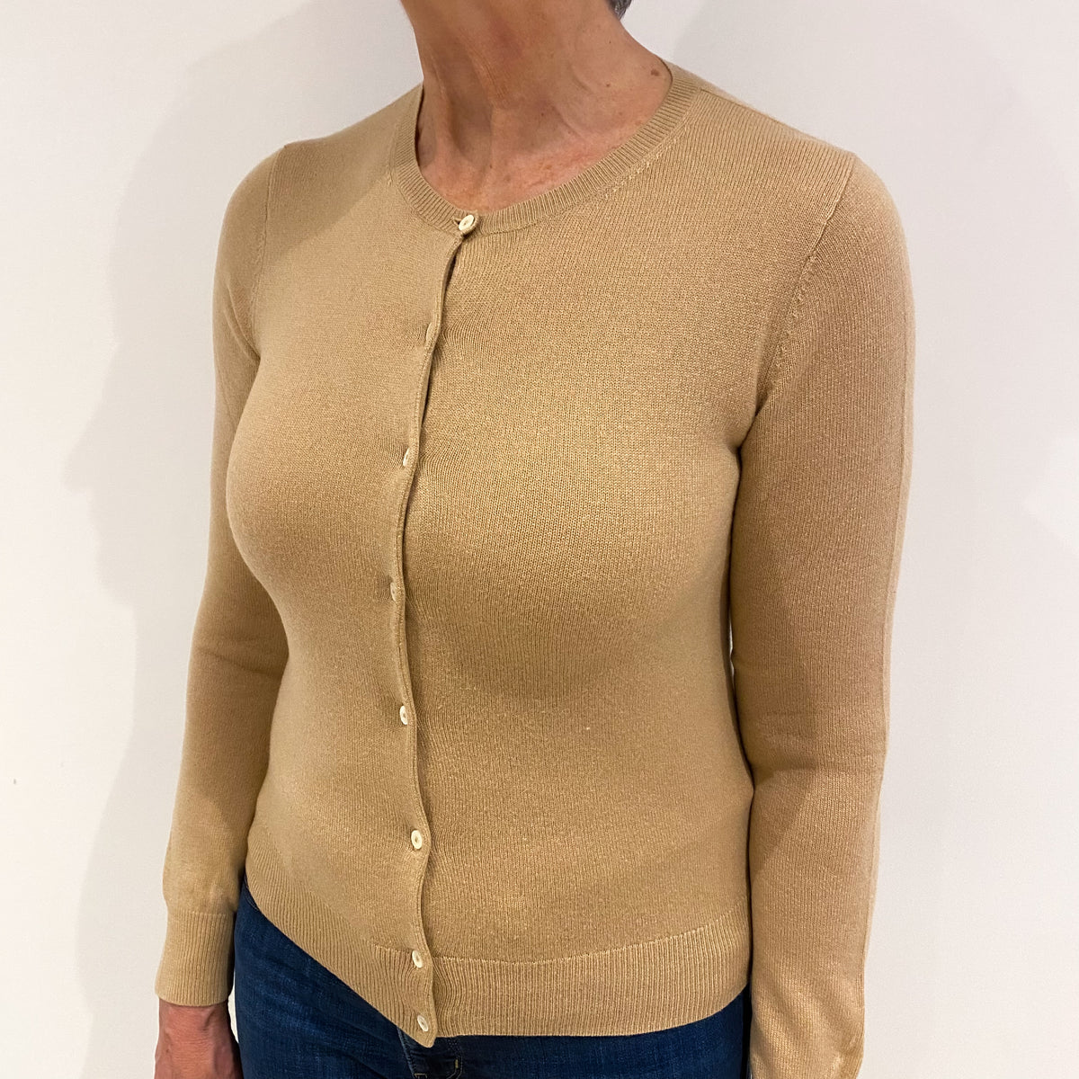 Caramel Brown Cashmere Crew Neck Cardigan Medium
