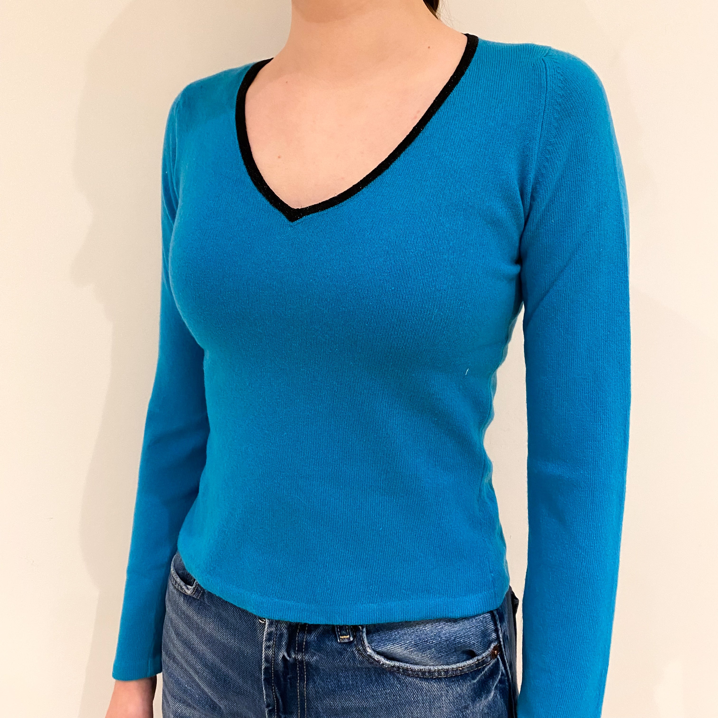 Turquoise Blue Black Trim Cashmere V Neck Jumper Extra Small