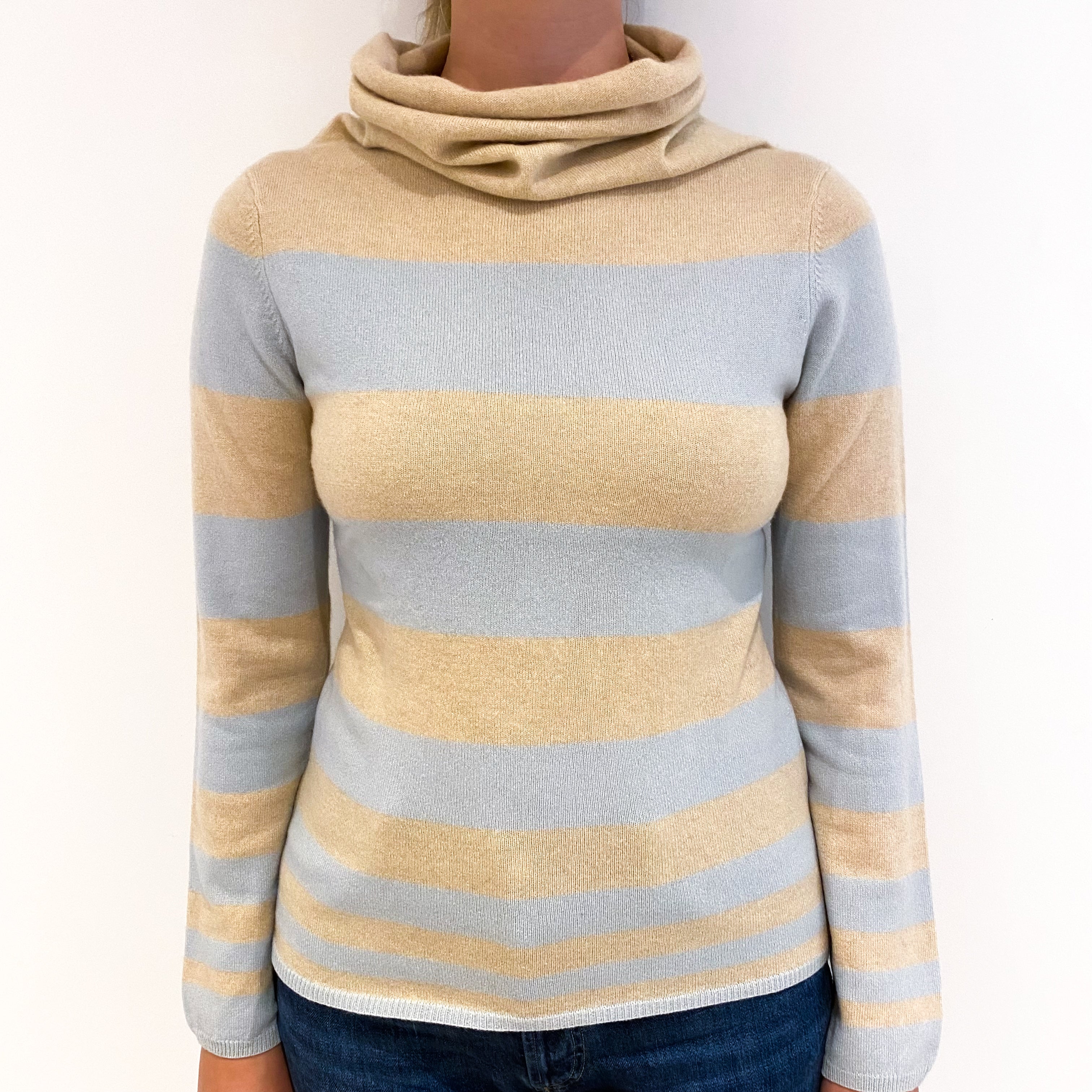 Soft Beige Aqua Stripe Cashmere Cowl Neck Jumper Small