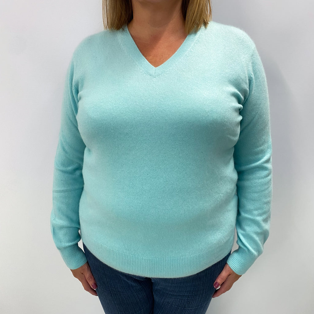 Mint Blue Cashmere V Neck Jumper Extra Large