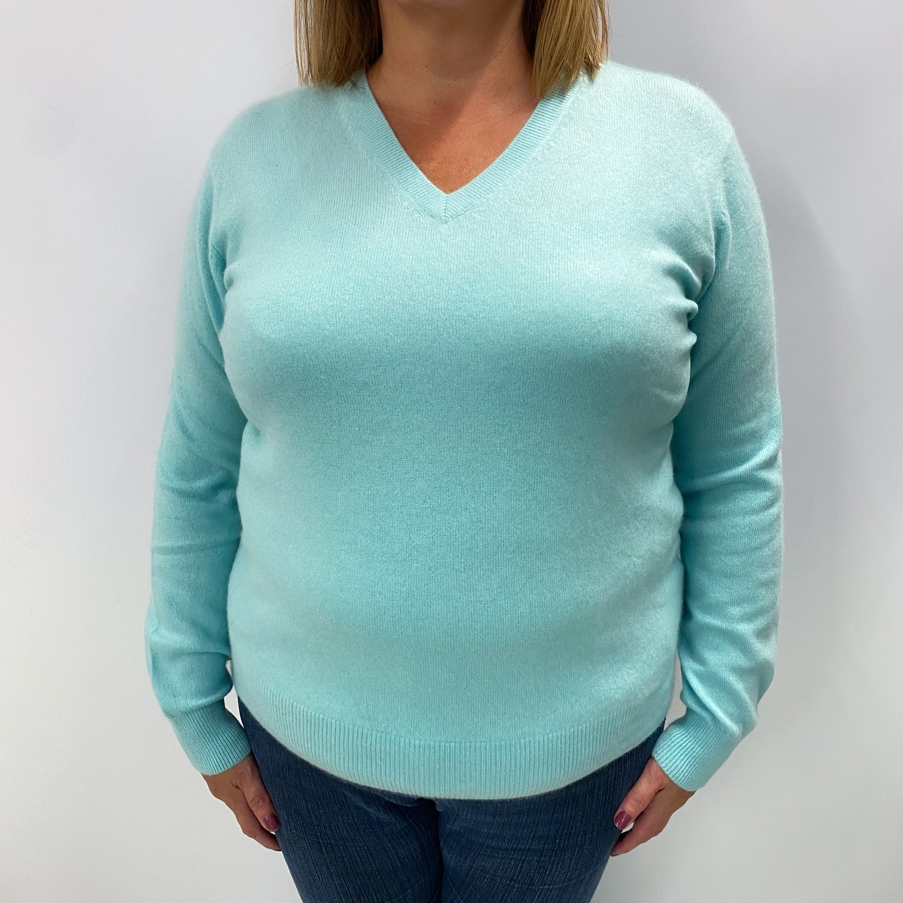 Mint Blue Cashmere V Neck Jumper Extra Large