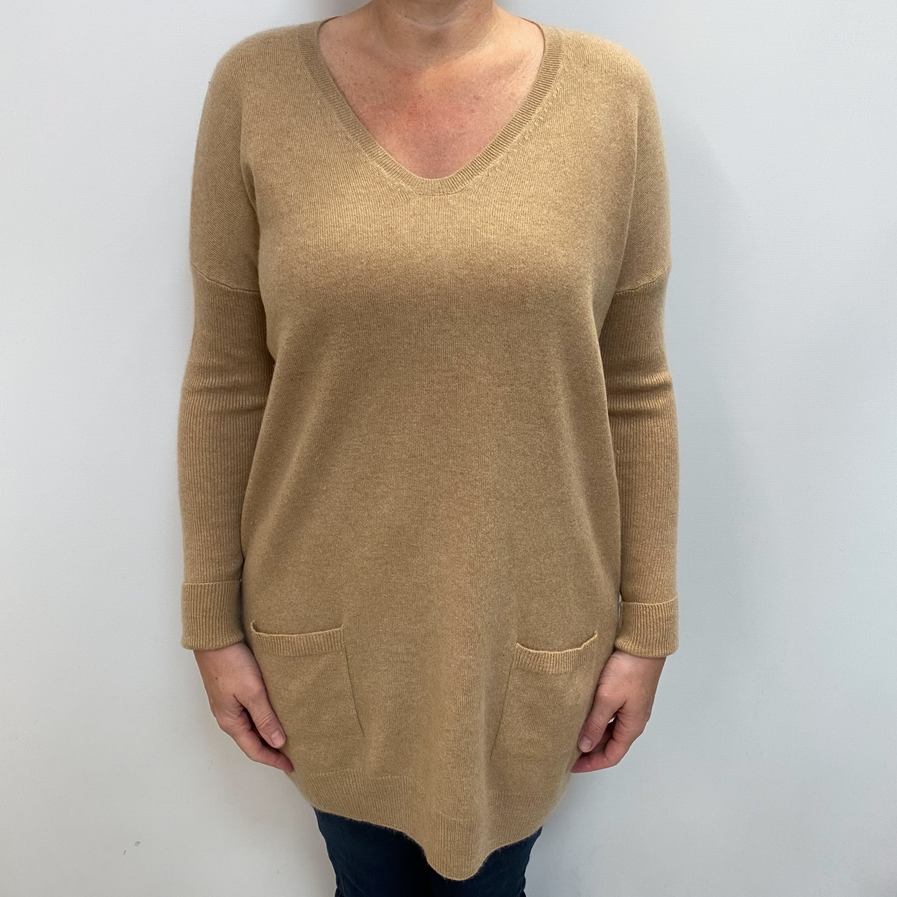 Caramel Brown Cashmere V Neck Tunic Jumper Large