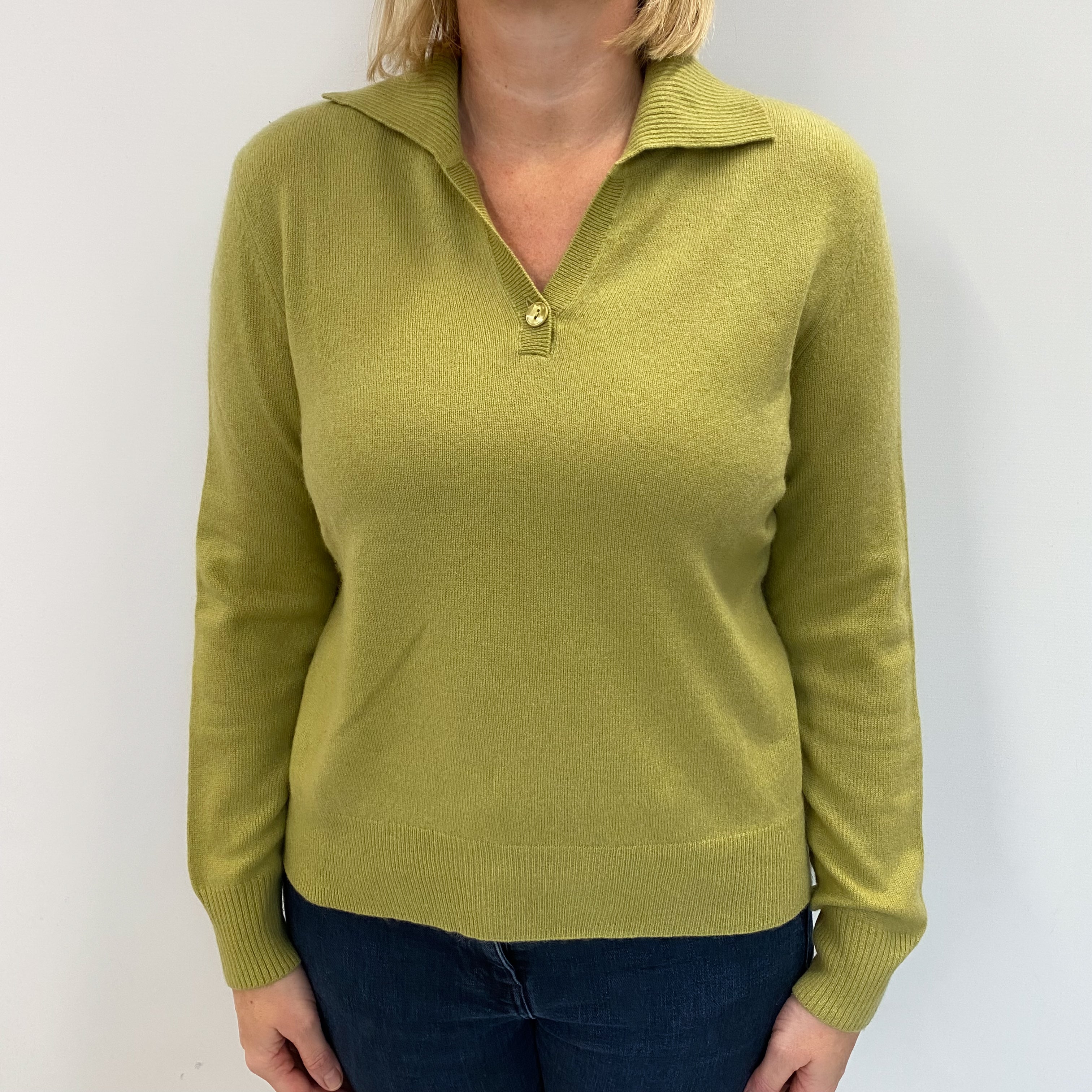 Pea Green Cashmere Collared V Neck Jumper Large