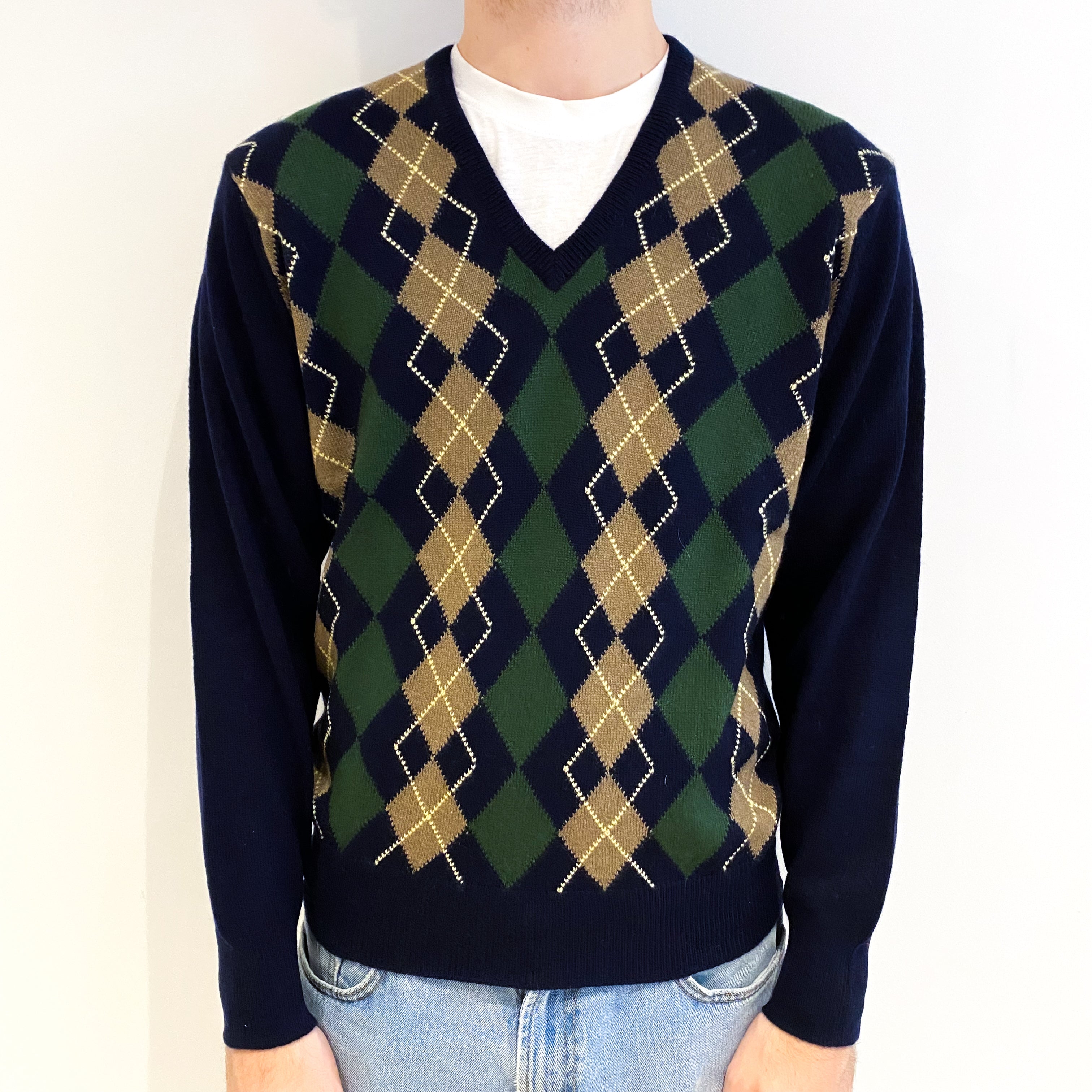 Men's Vintage Scottish Navy Argyle Cashmere V Neck Jumper Medium