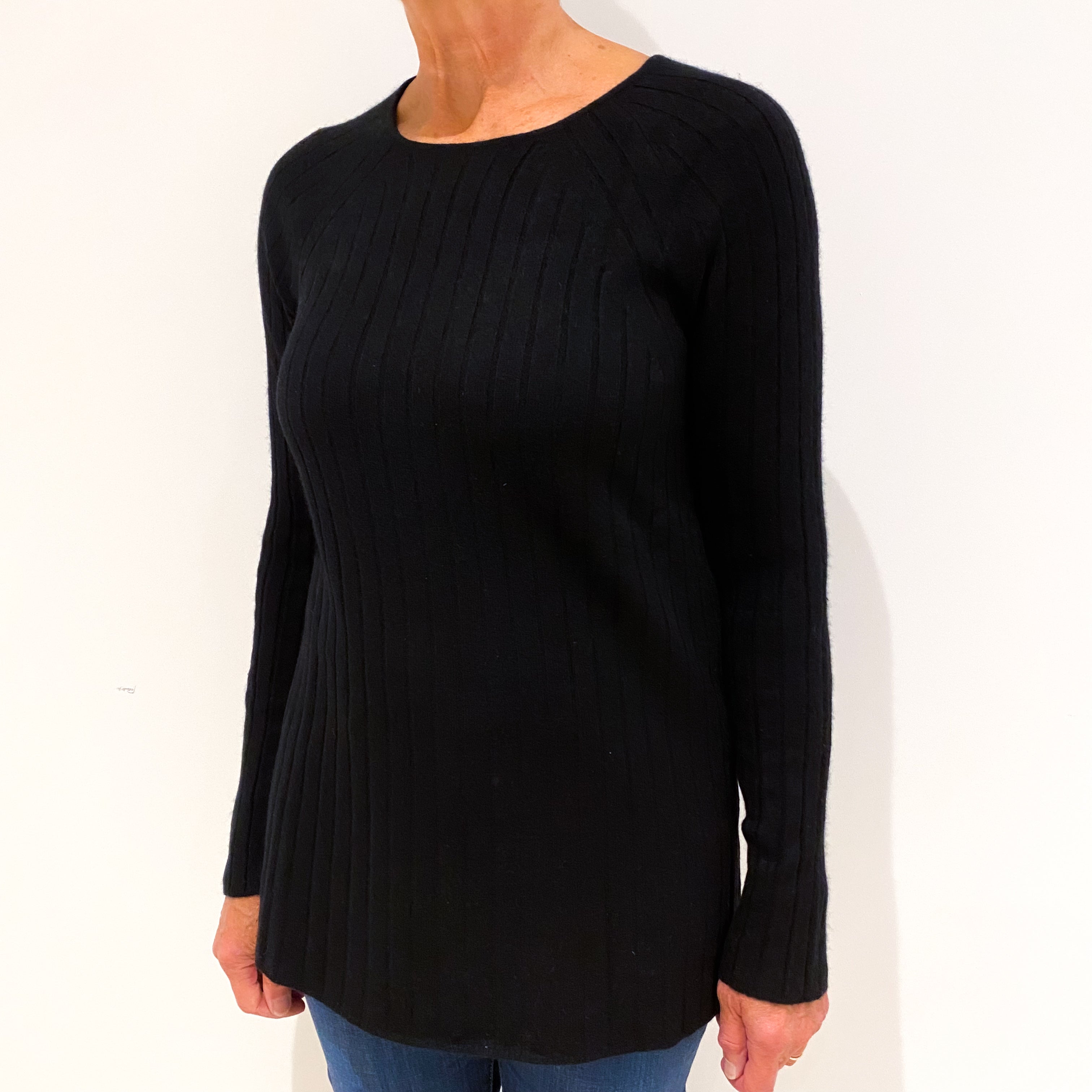 Black Ribbed Cashmere Crew Neck Jumper Medium