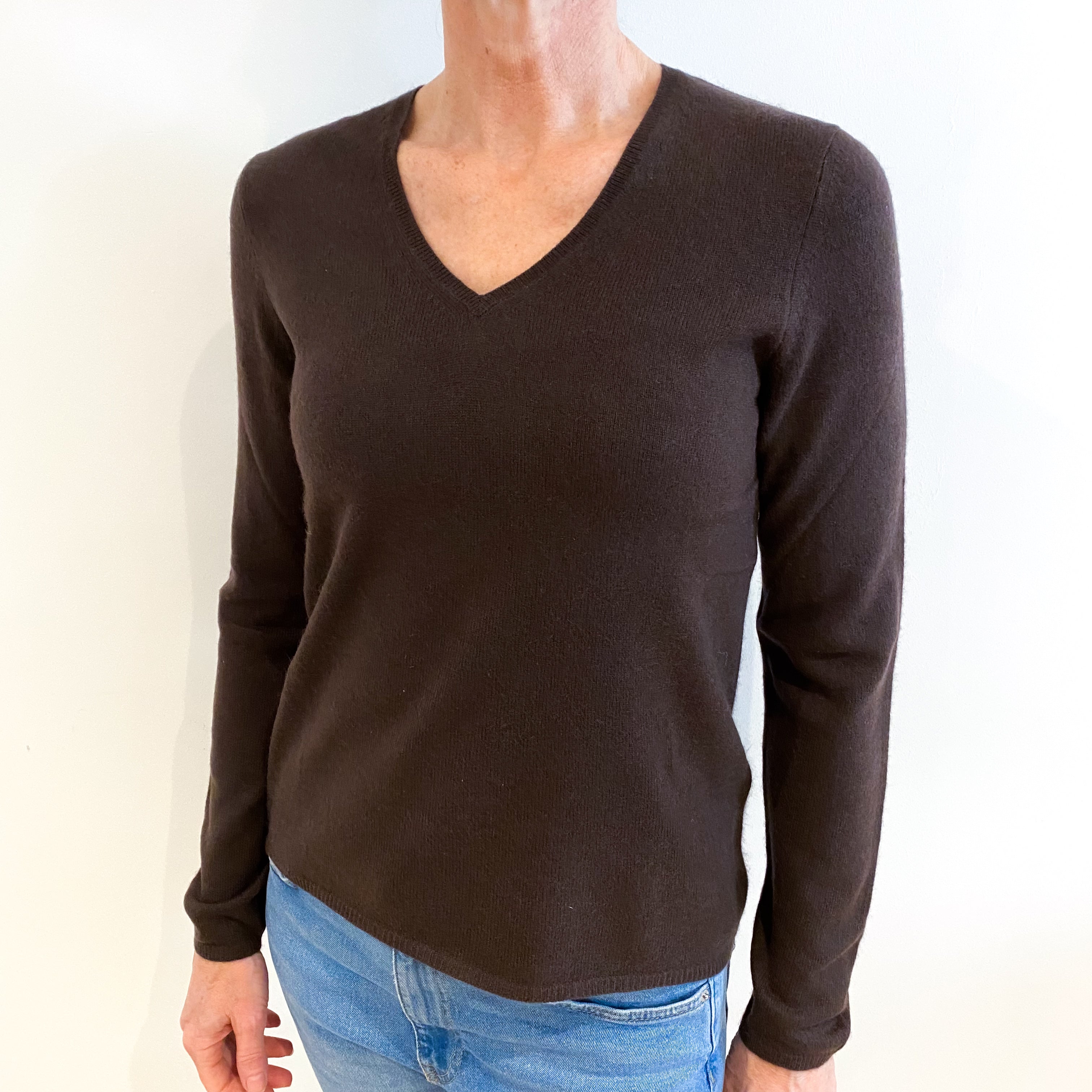 Chocolate Brown Cashmere V Neck Jumper Small