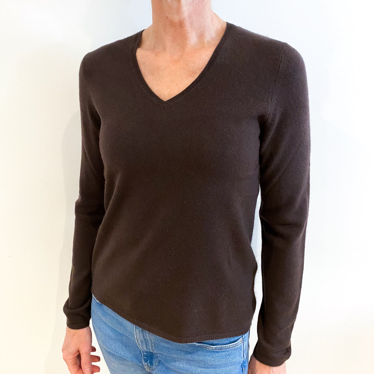 Chocolate Brown Cashmere V Neck Jumper Small