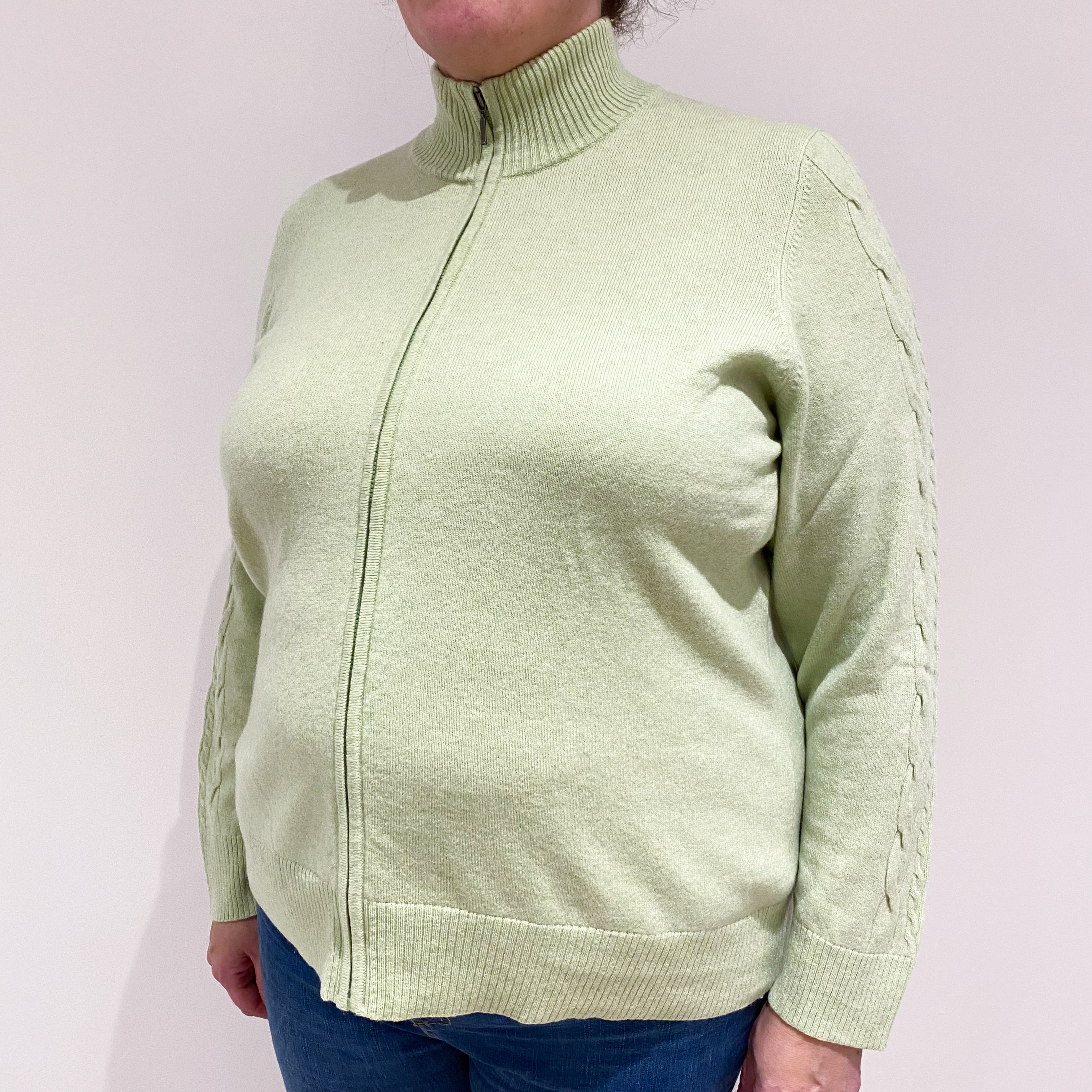 Soft Lime Green Cashmere Zip Front Cardigan Extra Large
