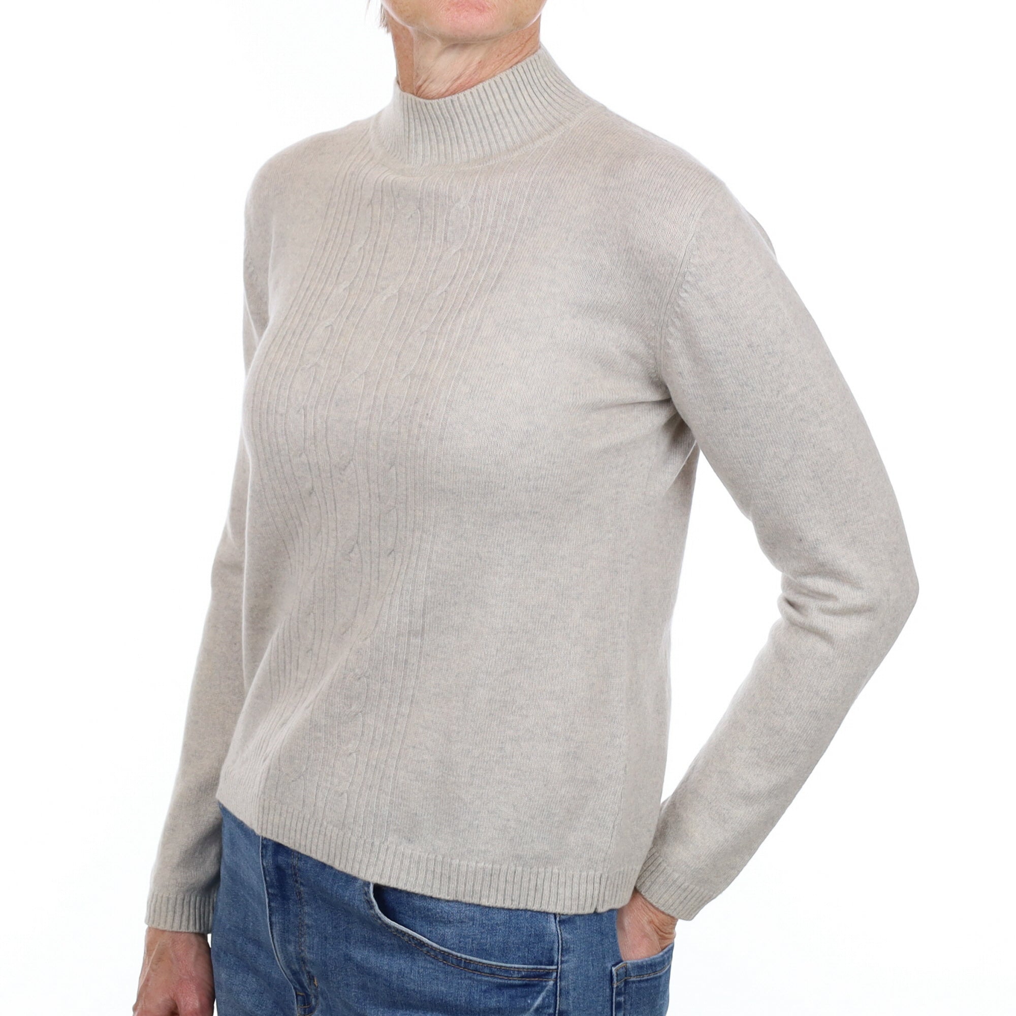 Mist Grey Cable Front Cashmere Turtle Neck Jumper Small