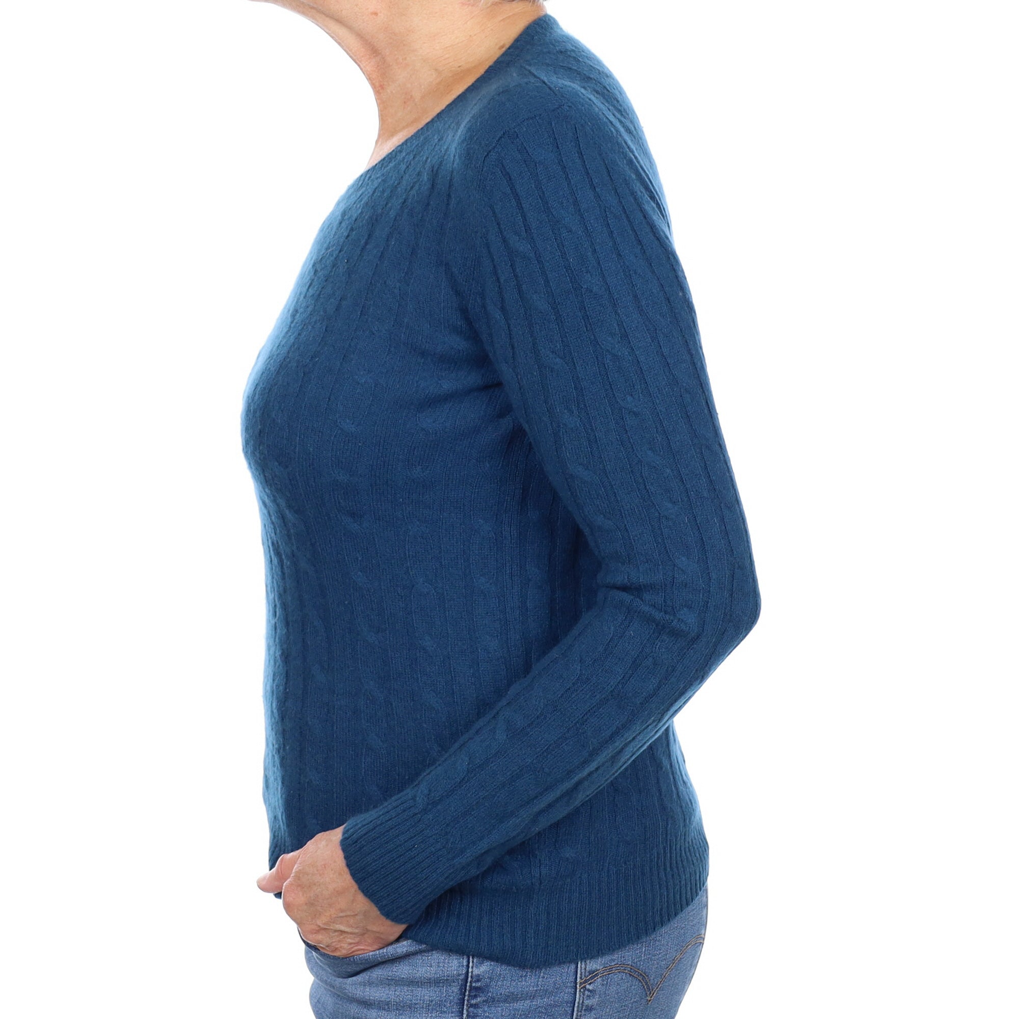 Italian Ocean Blue Cable Cashmere Crew Neck Jumper Medium
