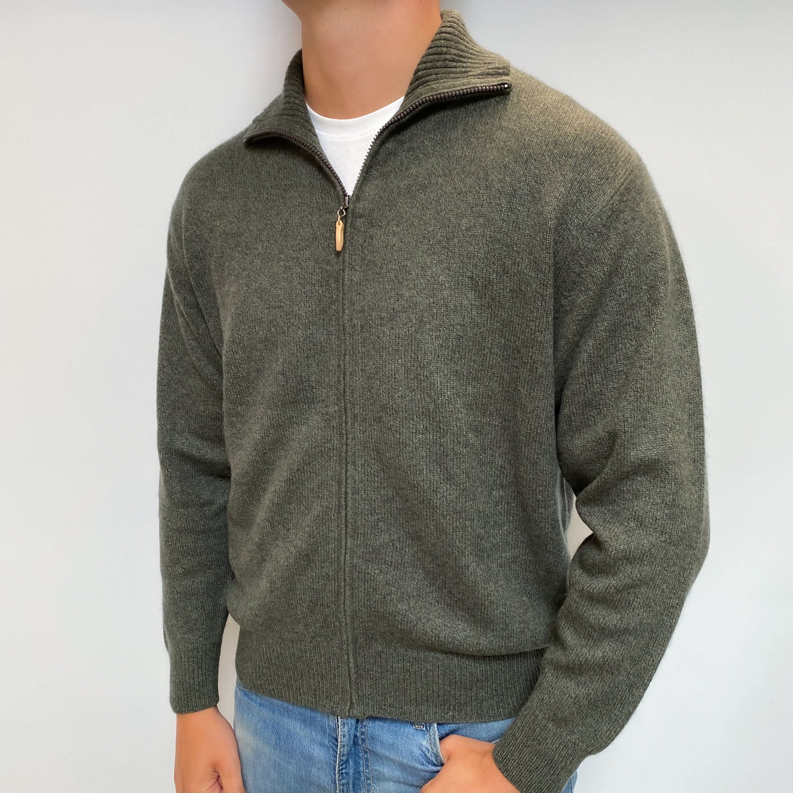 Men's Moss Green Marl Cashmere Zip Up Cardigan  XL