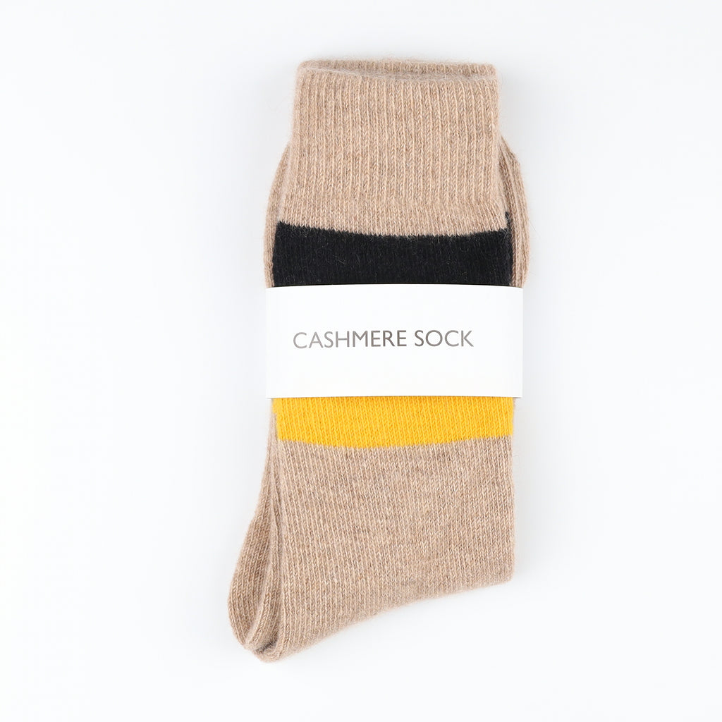 Brand New Scottish Taupe Yellow & Black Stripe Ladies Cashmere Every Day Socks