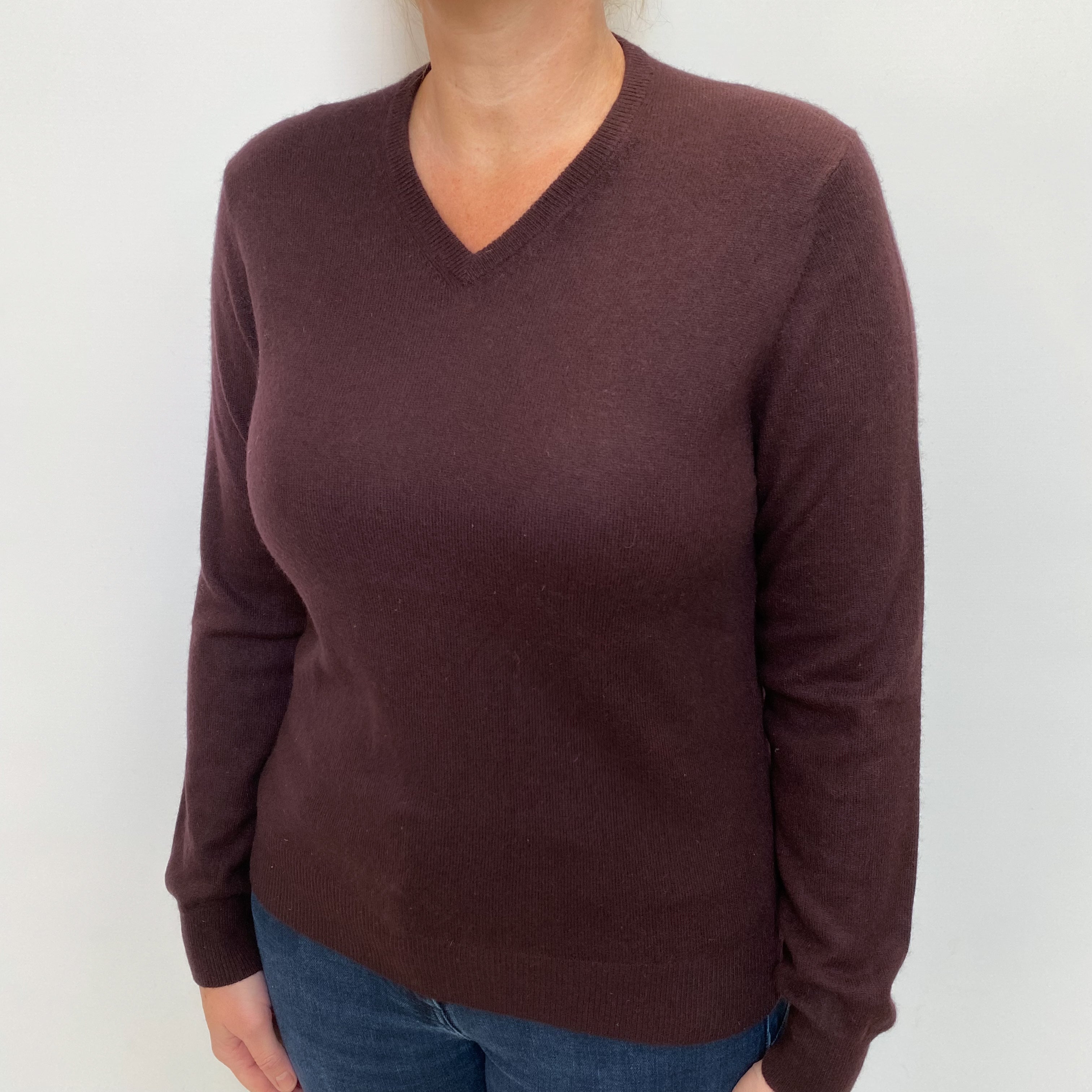 Aubergine Brown Cashmere V Neck Jumper Large