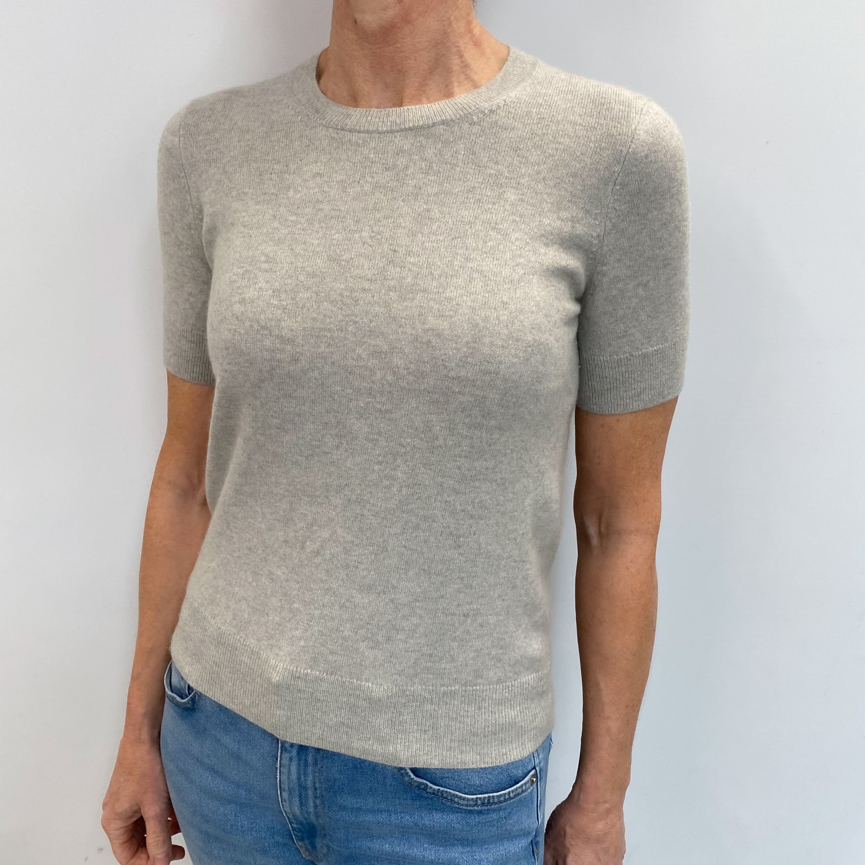TSE Mist Grey Cashmere Short Sleeved Crew Neck Jumper Small