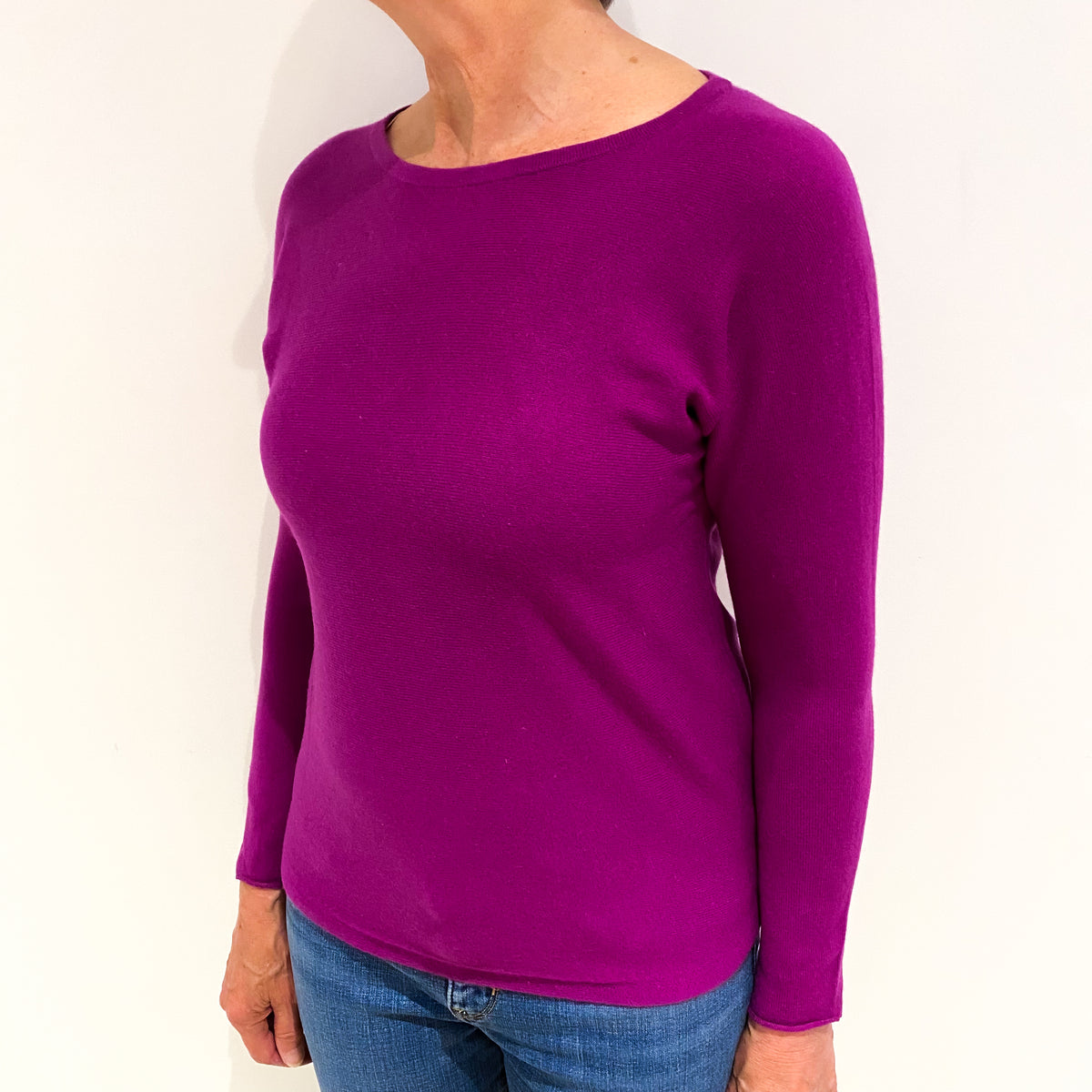 Magenta Pink Cashmere Wide Crew Neck Jumper Medium