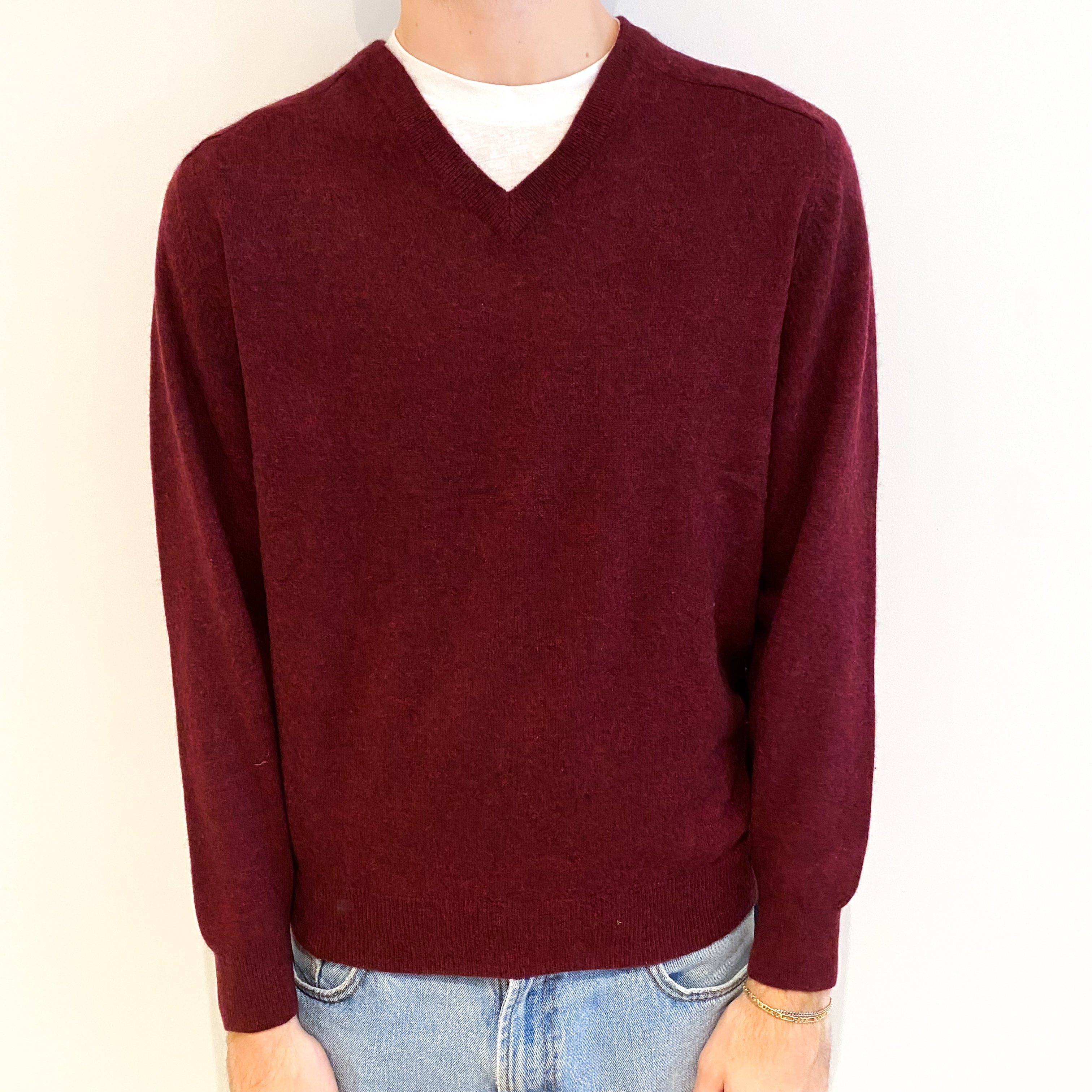 Men's Burgundy Red Cashmere V Neck Jumper Large
