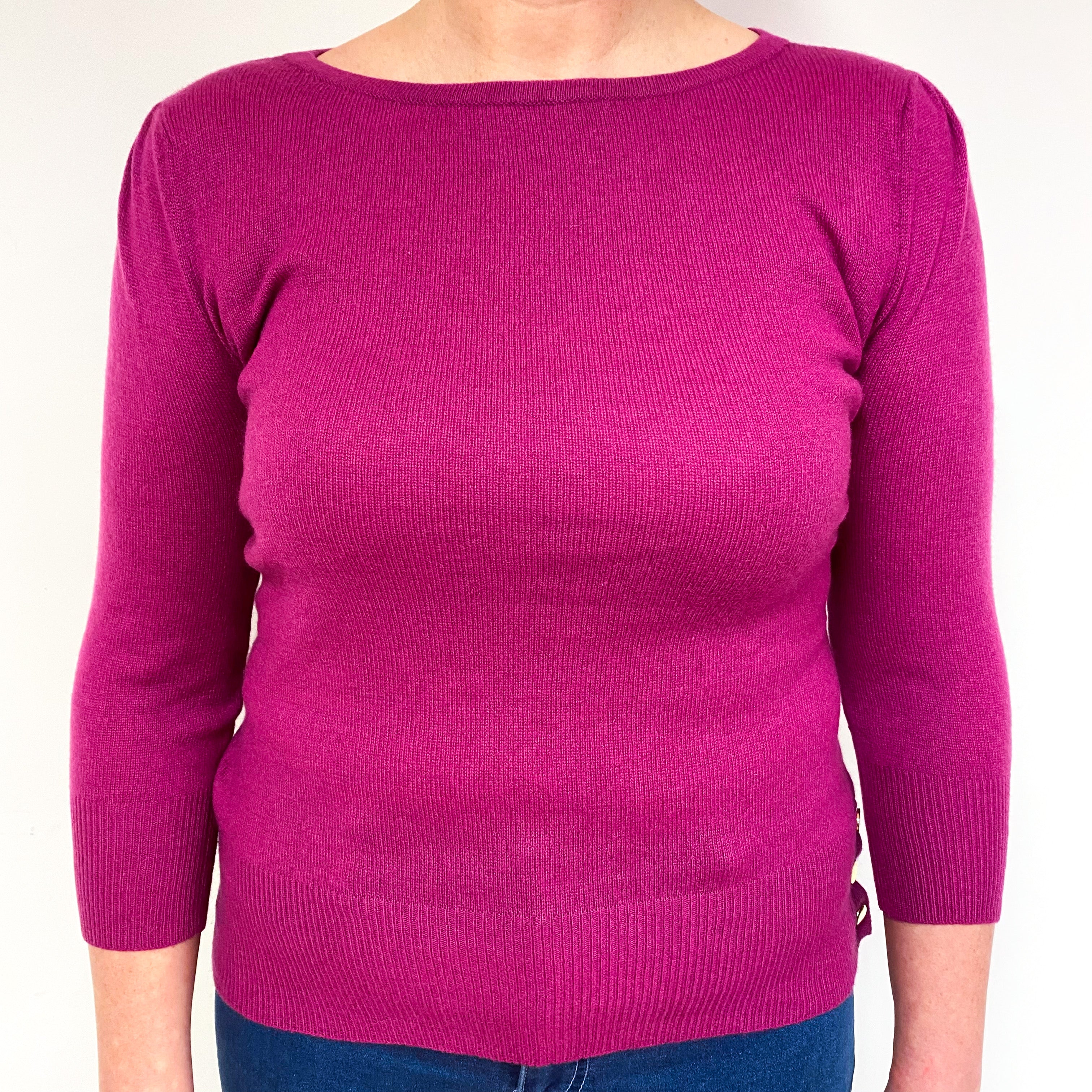 Magenta Pink 3/4 Sleeve Cashmere Boat Neck Jumper Large