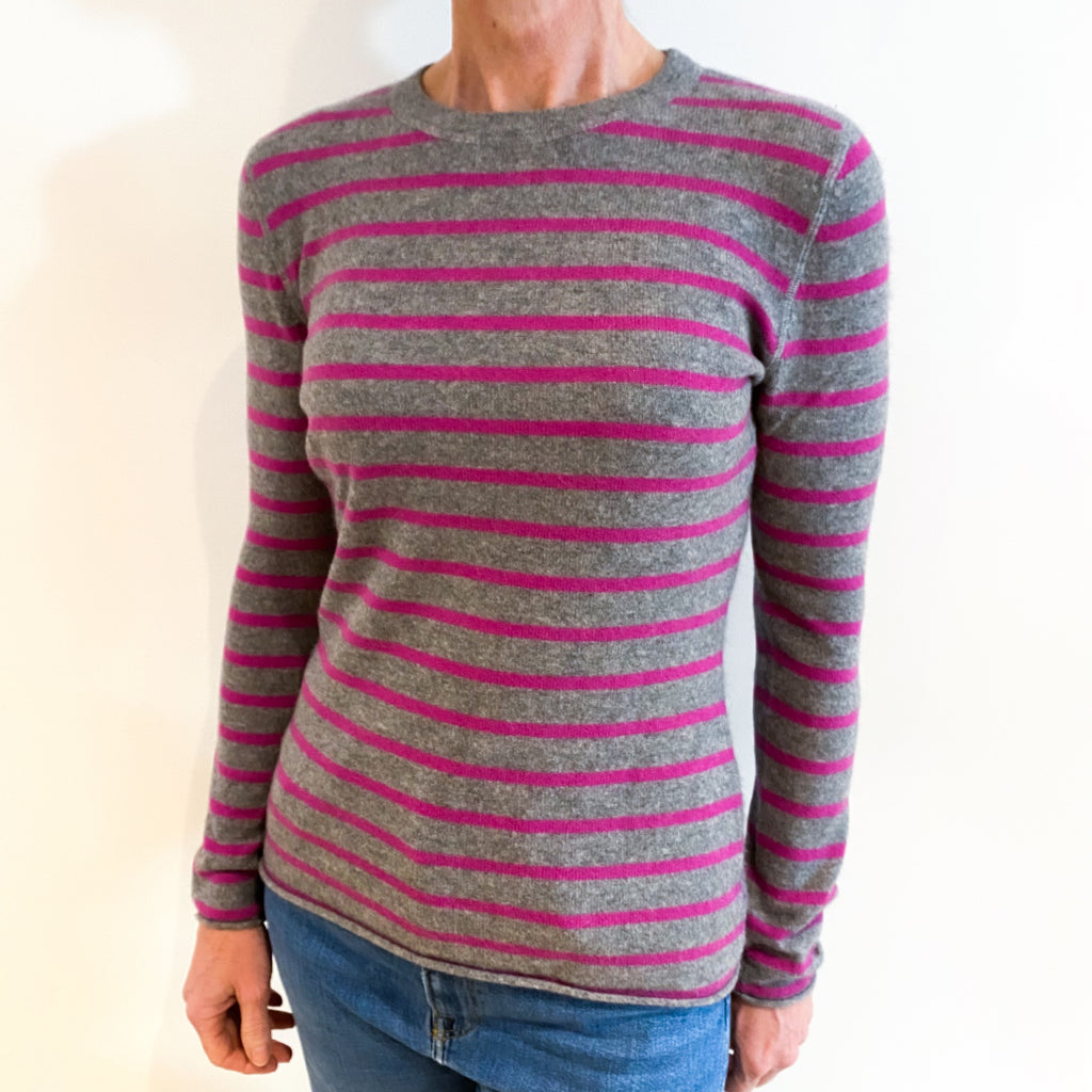Grey and Magenta Stripe Cashmere Crew Neck Jumper Small
