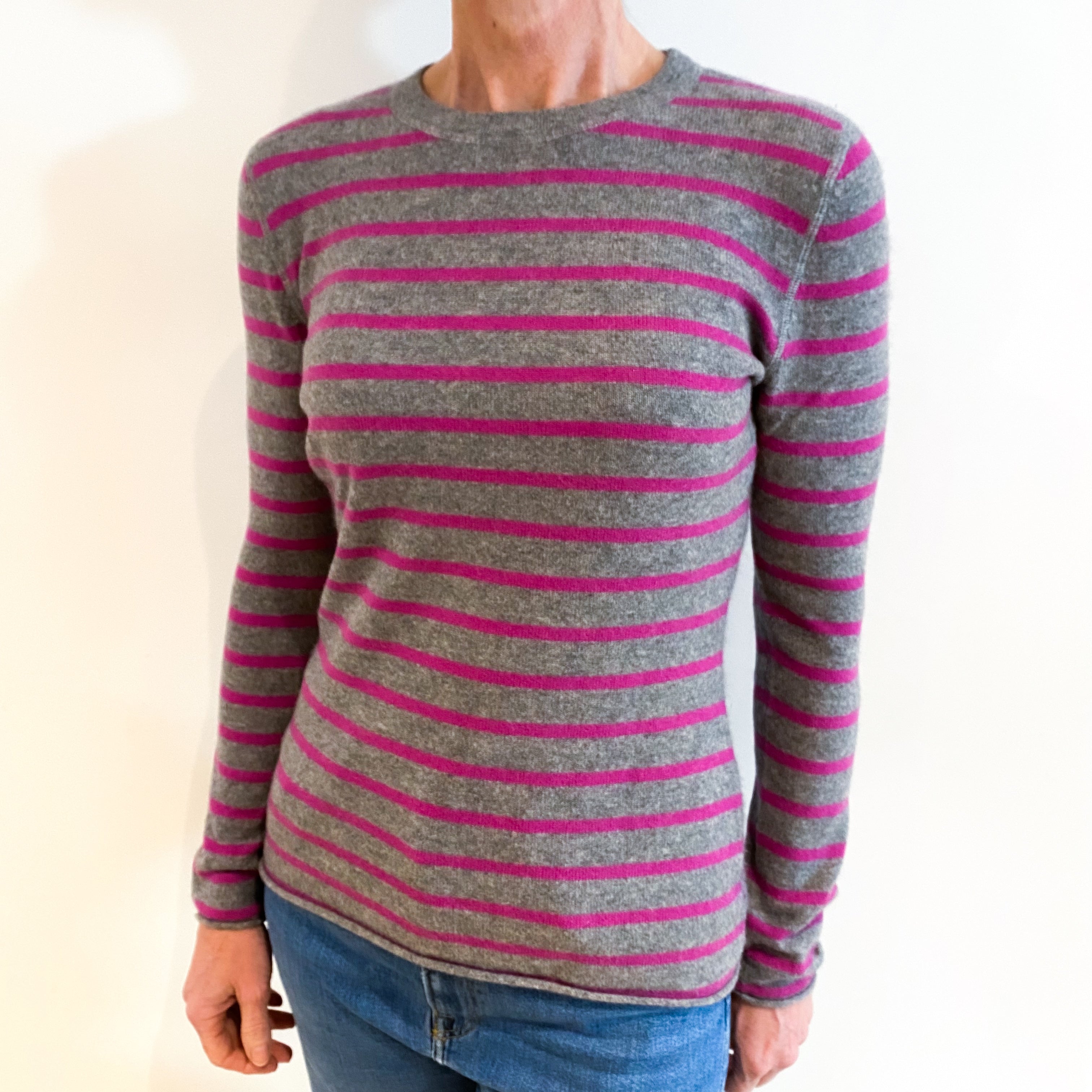 Grey and Magenta Stripe Cashmere Crew Neck Jumper Small