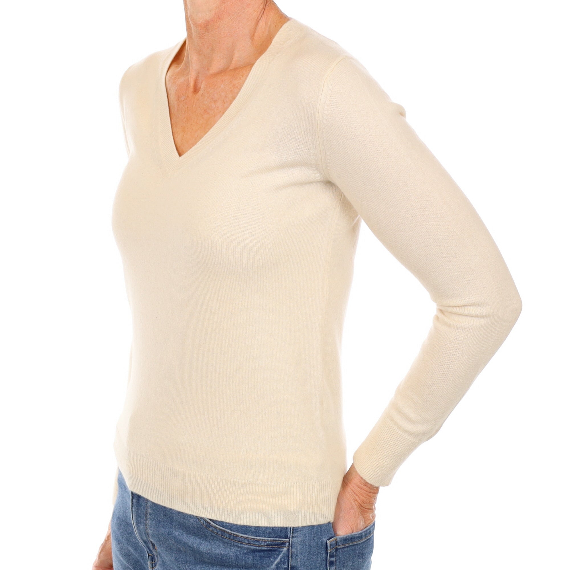 Vanilla Cream Cashmere V Neck Jumper Small