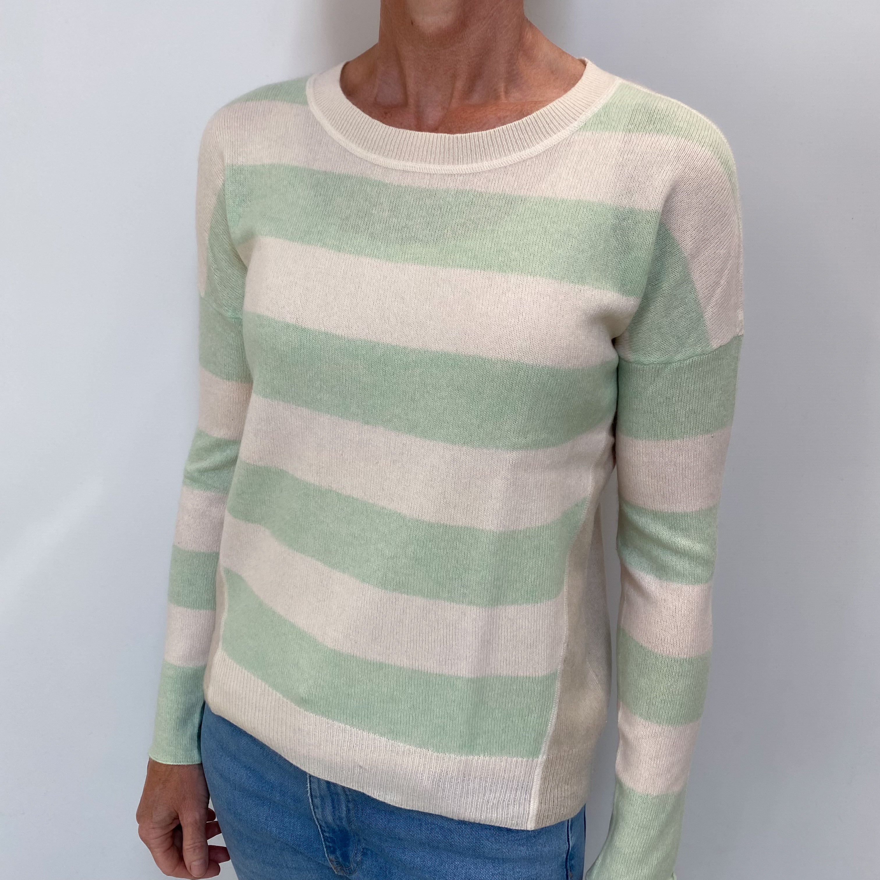 Cream and Mint Stripe Cashmere Crew Neck Jumper Small