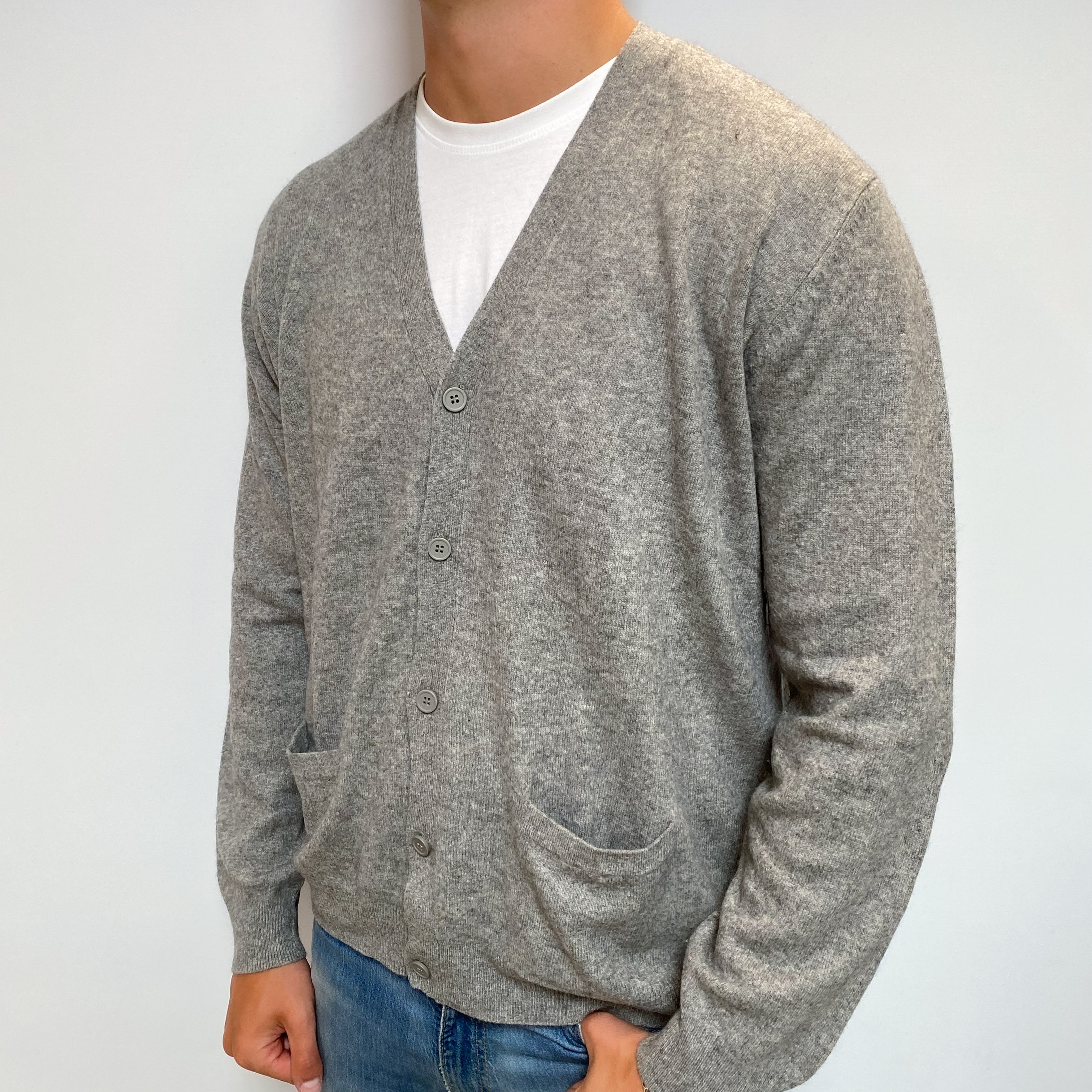 Men's Ash Grey Cashmere V Neck Cardigan with Pockets XL