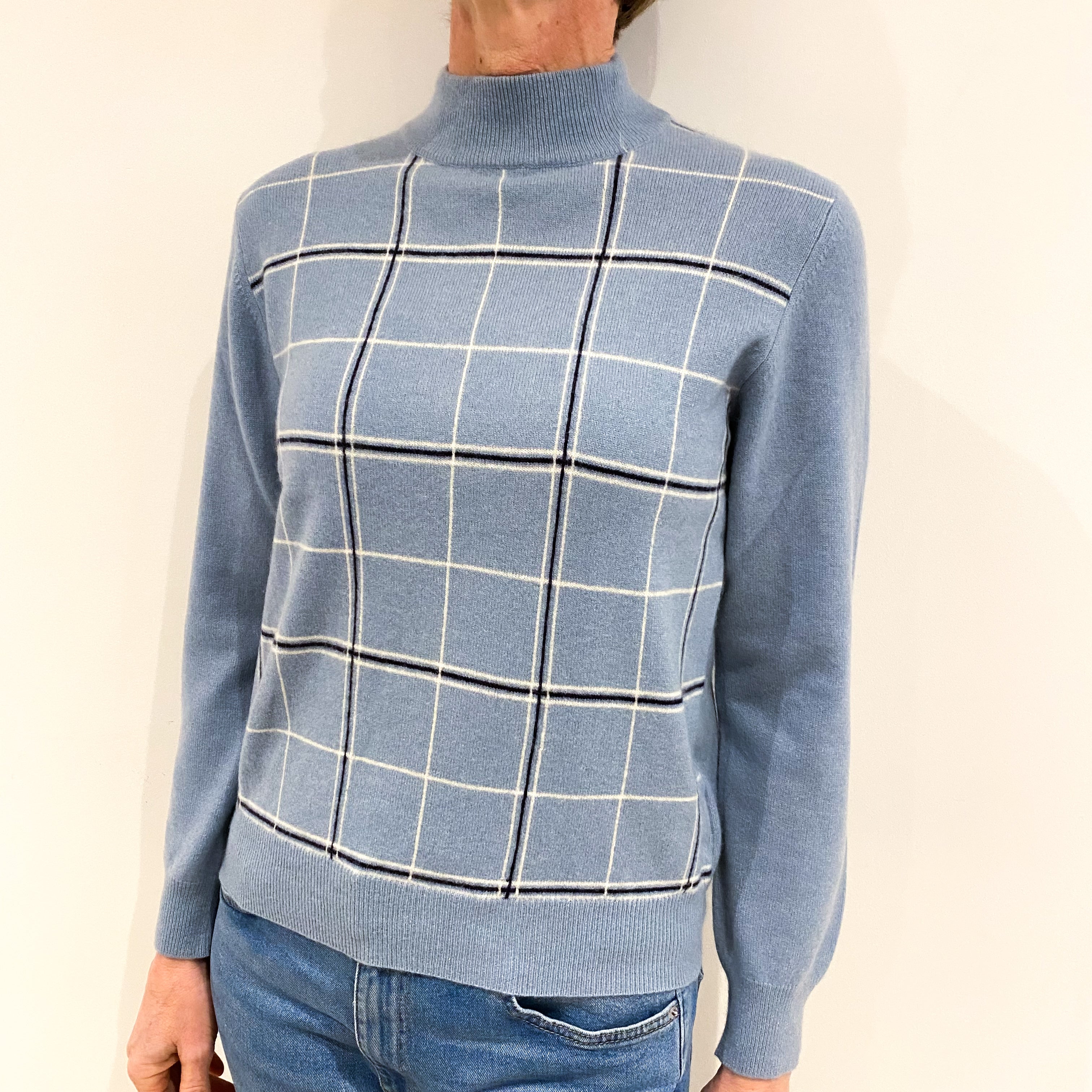 Opal Blue With Navy And White Check Cashmere Turtle Neck Jumper Small