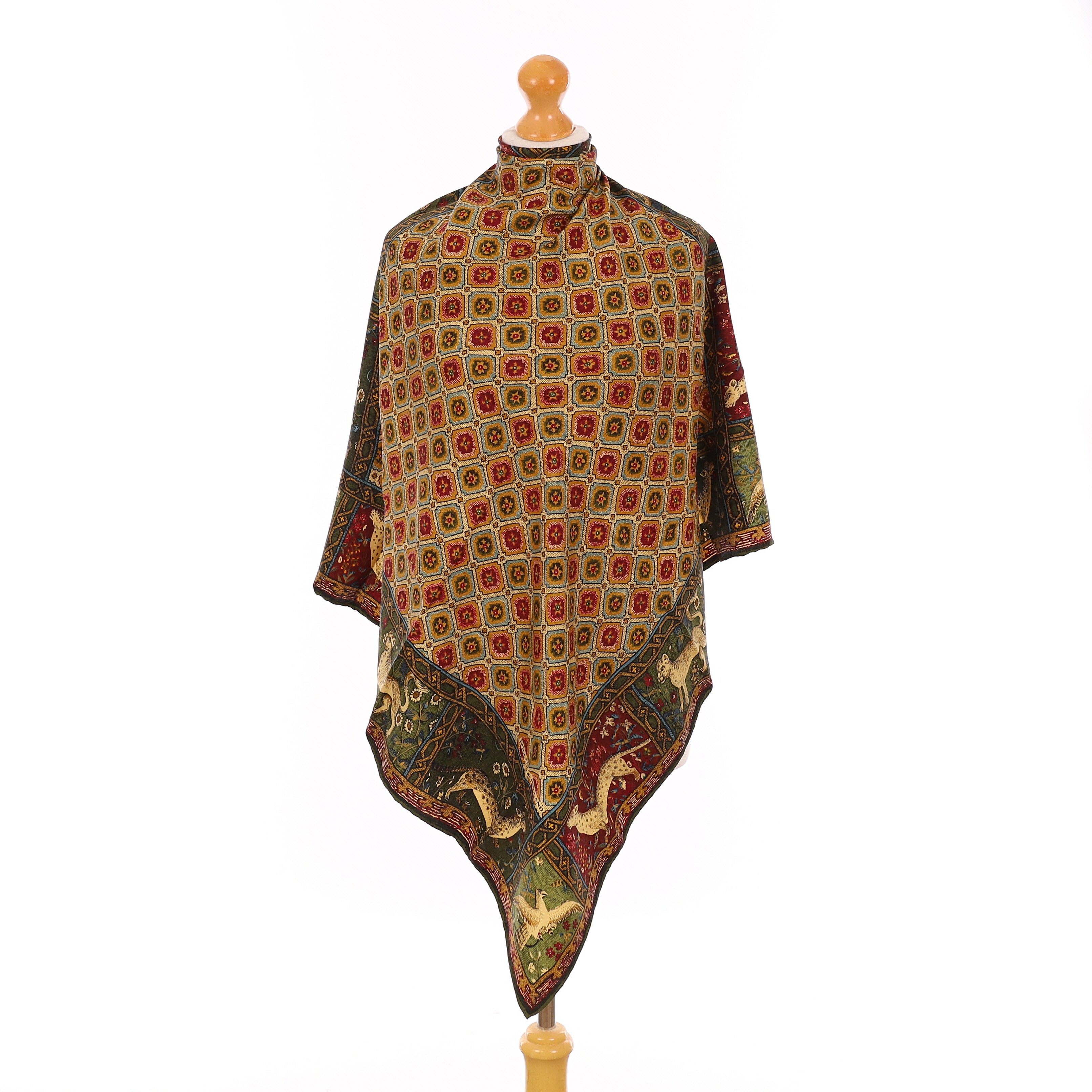 Pristine Holland & Holland Red & Green Animal Silk Scarf