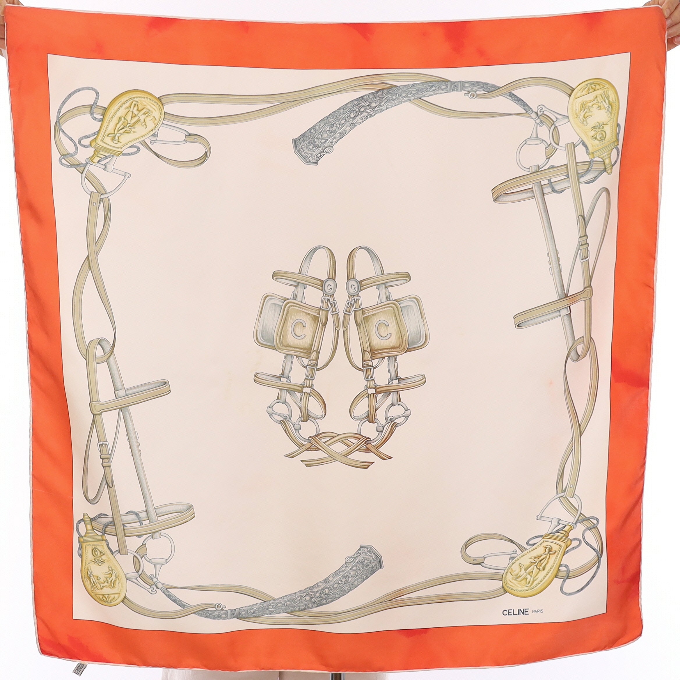 Celine Orange Equestrian Vintage Silk Scarf