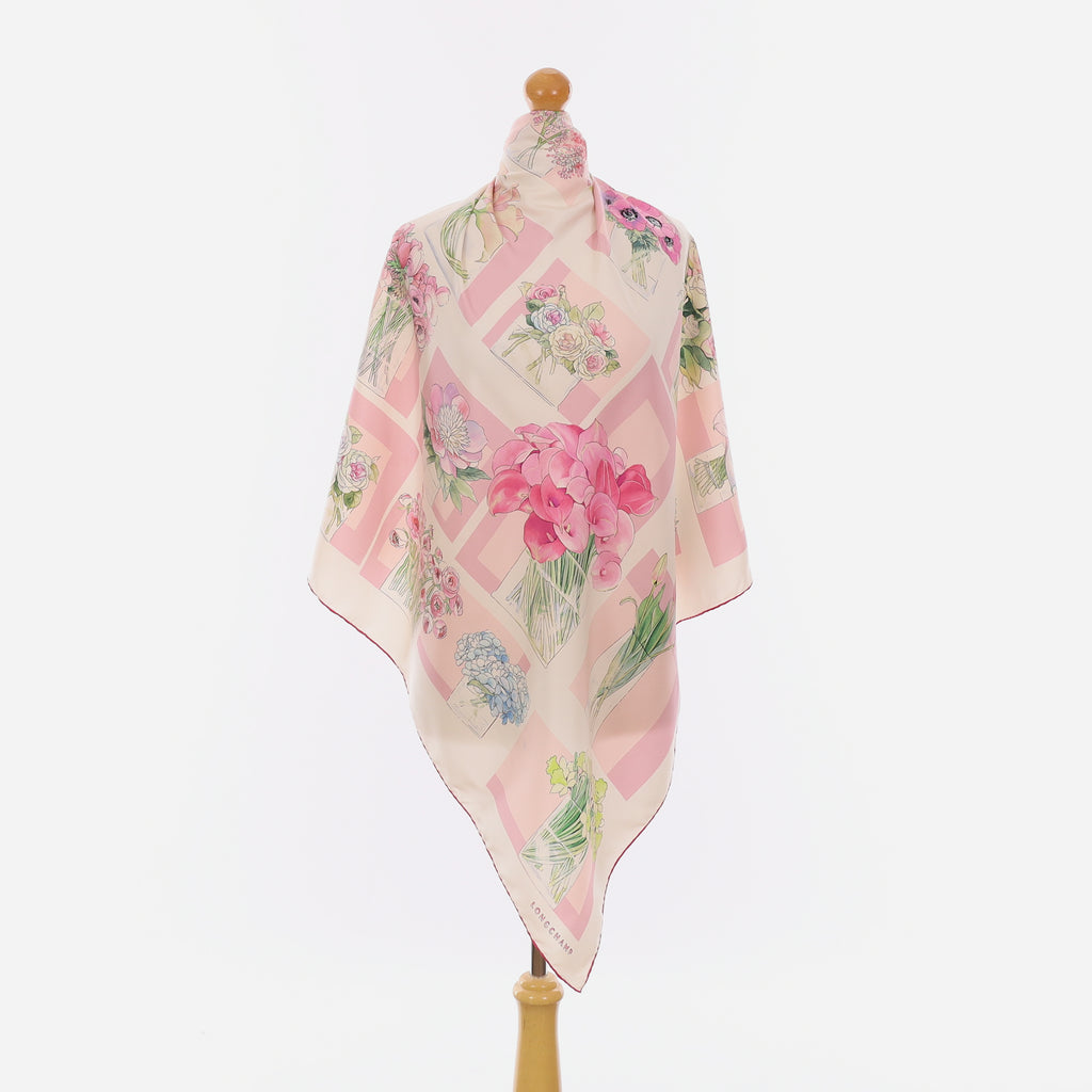 Longchamp Blush & Magenta Botanical Vintage Silk Scarf