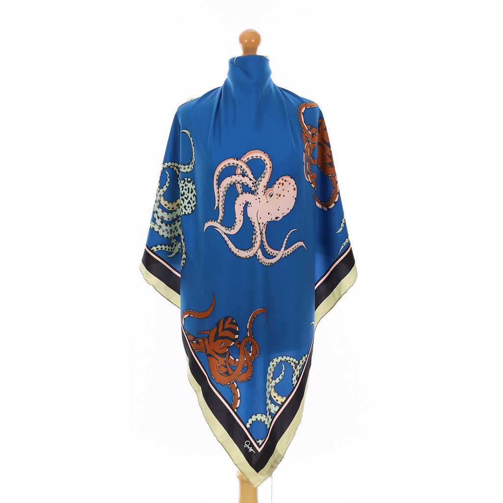 Brand New Boxed Olivia Von Halle Blue & Pink Octopus Silk Scarf