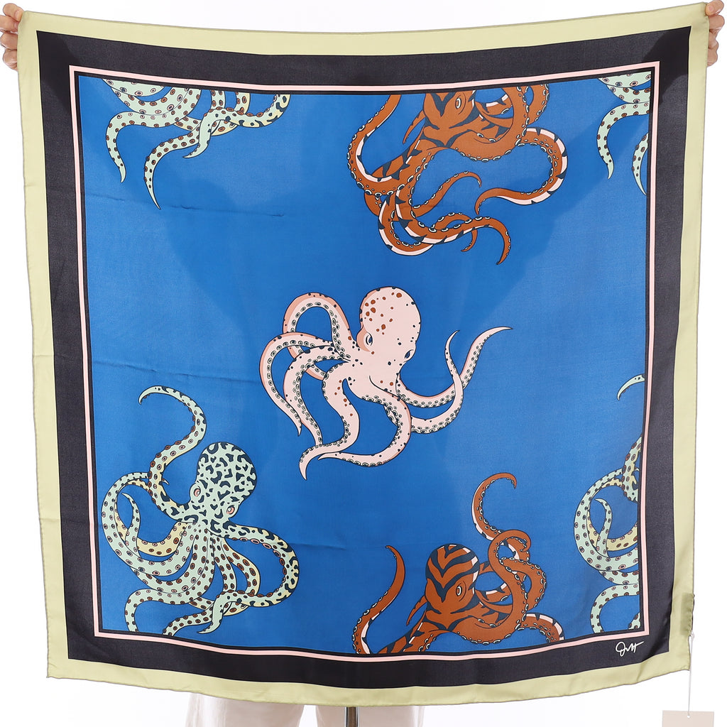 Brand New Boxed Olivia Von Halle Blue & Pink Octopus Silk Scarf
