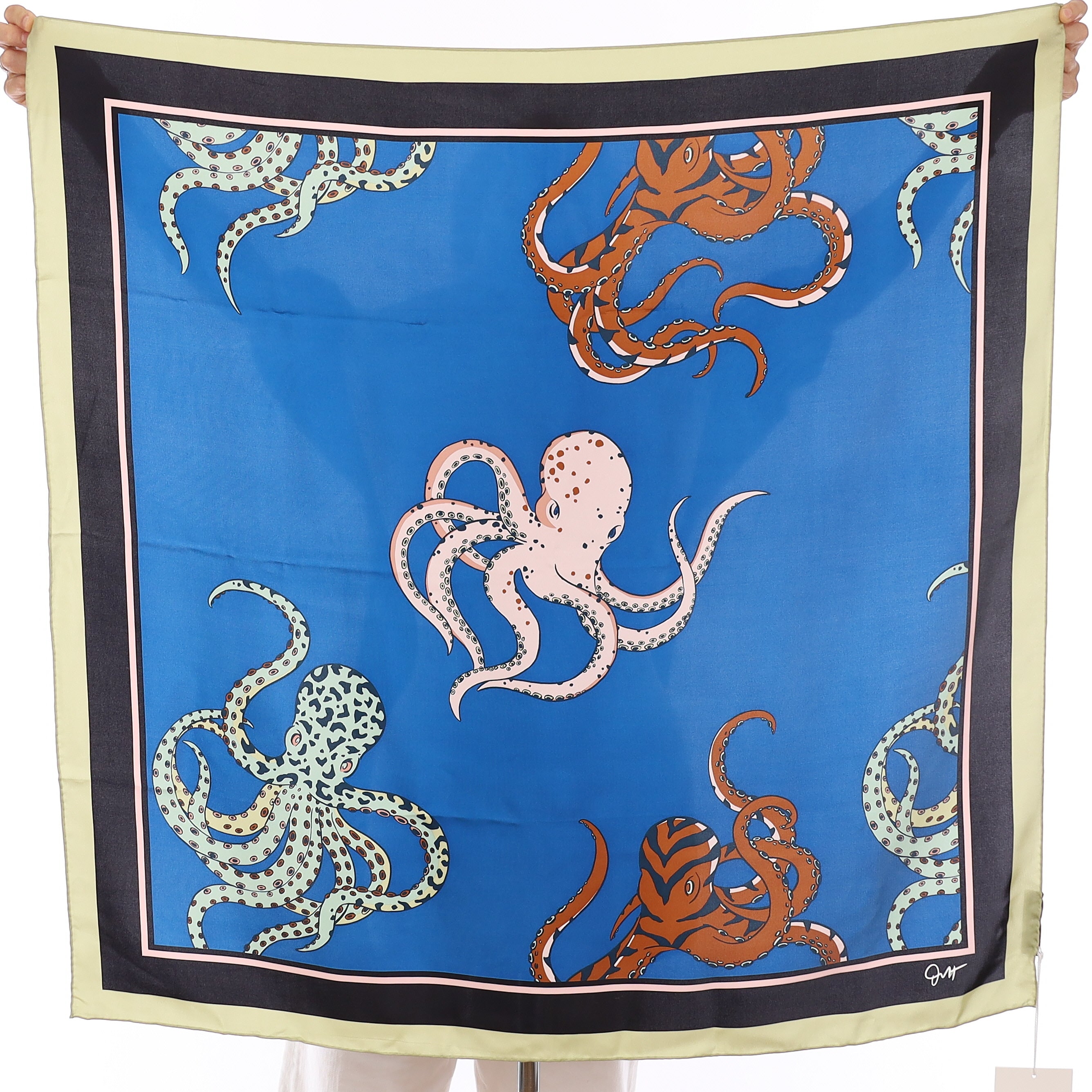 Brand New Boxed Olivia Von Halle Blue & Pink Octopus Silk Scarf