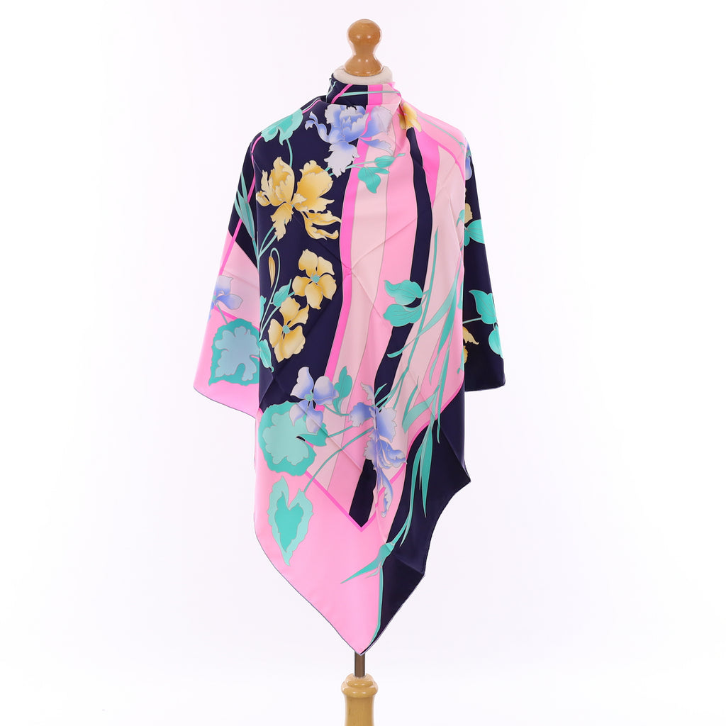 Brand New Leonard Navy & Pink Iris Silk Scarf