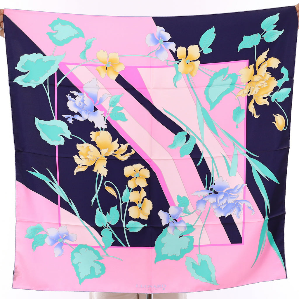 Brand New Leonard Navy & Pink Iris Silk Scarf