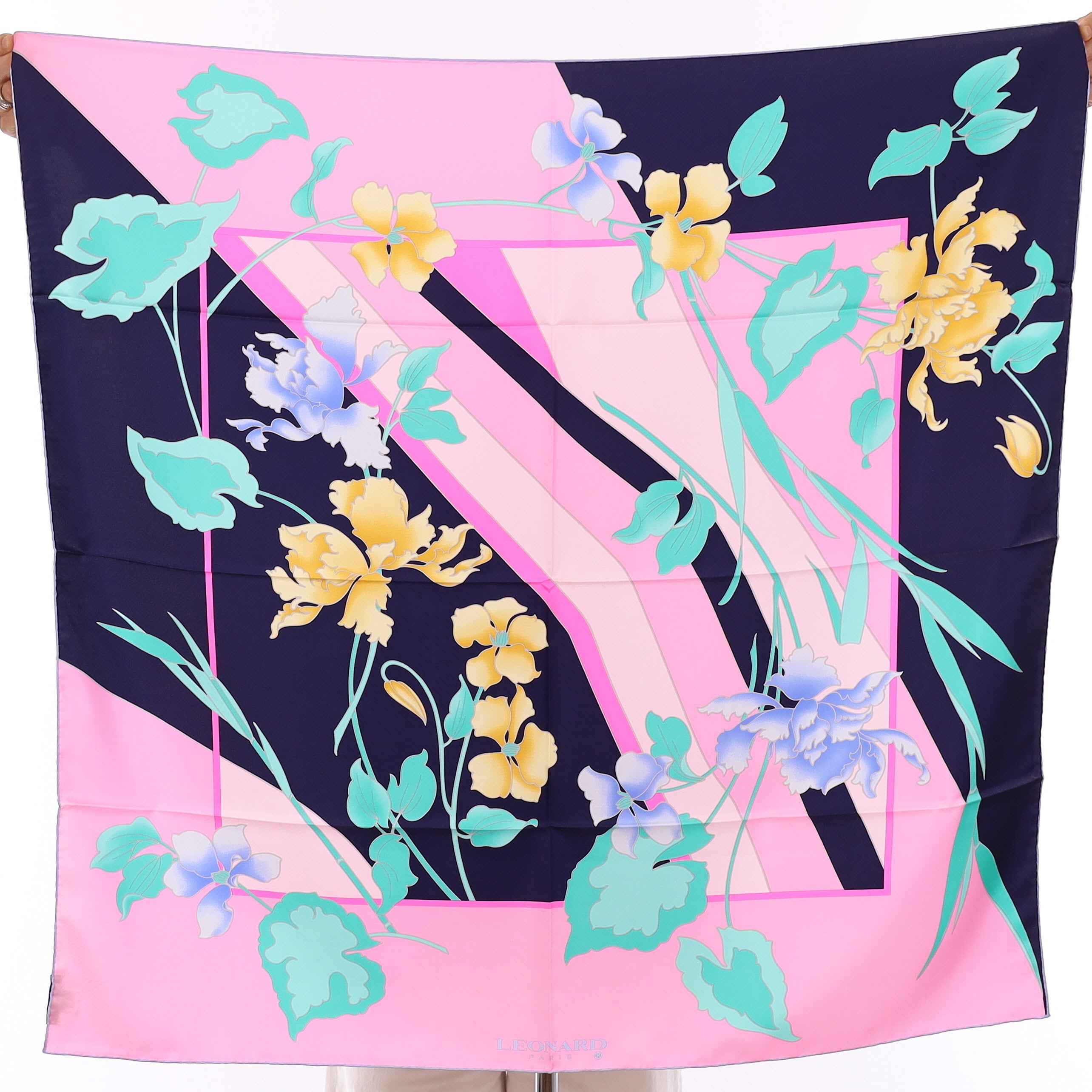 Brand New Leonard Navy & Pink Iris Silk Scarf