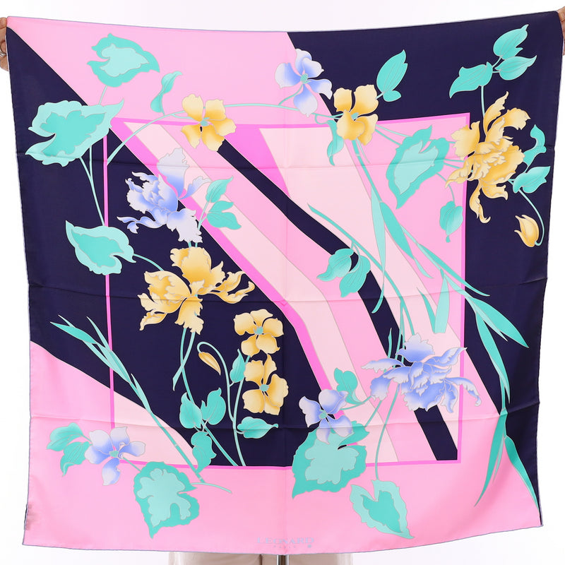 Brand New Leonard Navy & Pink Iris Silk Scarf