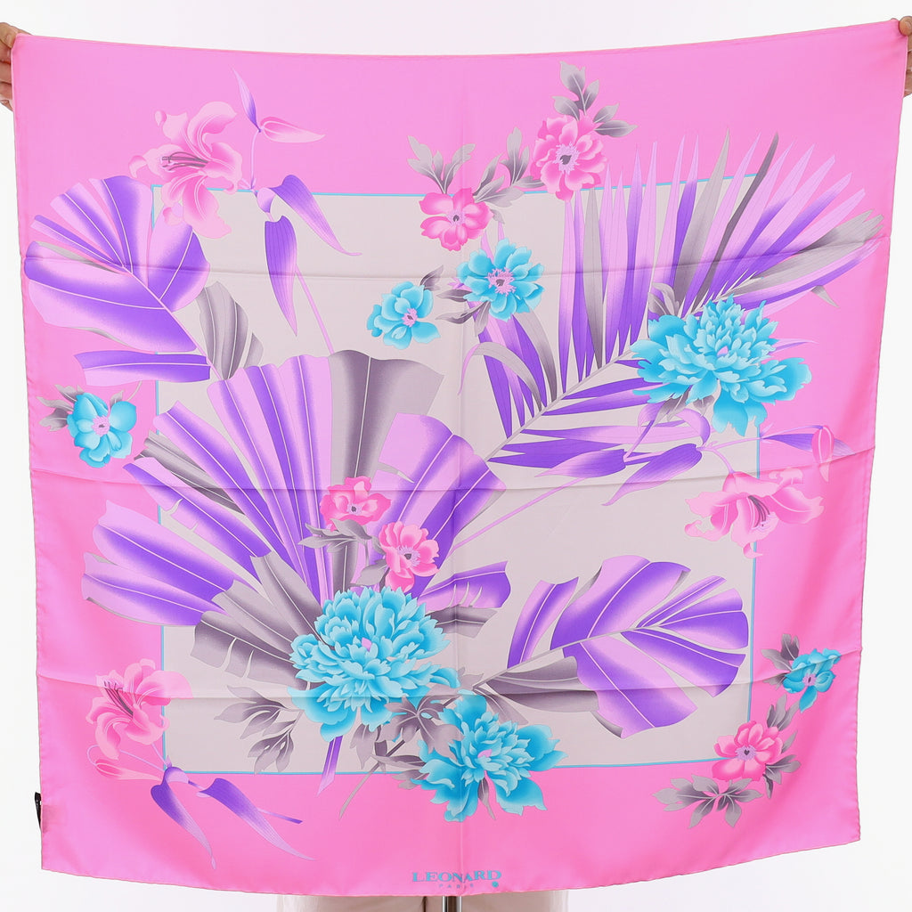 Brand New Leonard Pink & Purple Floral Silk Scarf