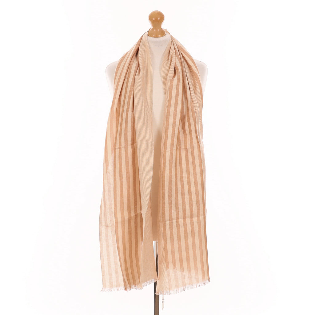Brand New Agnona Beige Striped Silk, Linen & Cashmere Scarf