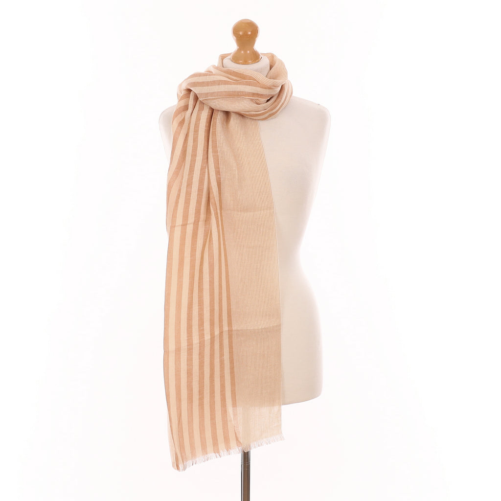 Brand New Agnona Beige Striped Silk, Linen & Cashmere Scarf